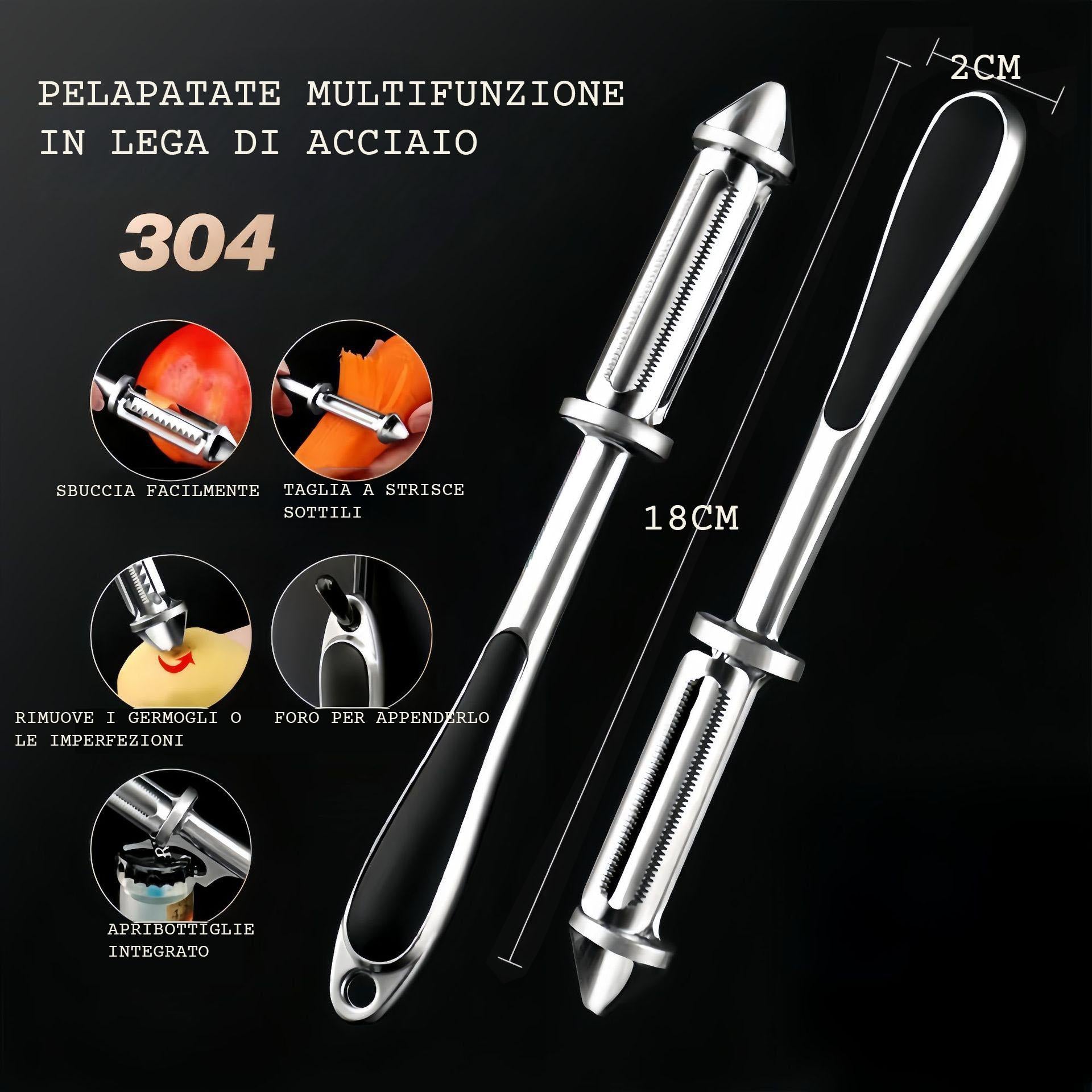 GD LA CUISINE Pelapatate Multifunzionale in Acciaio Inox 3 in 1 | Lama Rotante 304, Design Ergonomico con Apribottiglie e Punta per Germogli