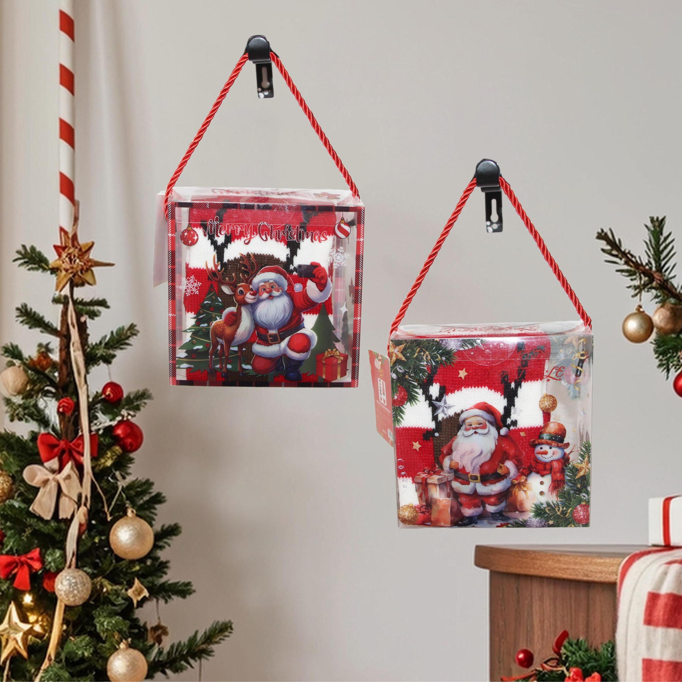 GD LOVES XMAS Set Regalo 2 Calzini Lunghi Natalizi in Scatola Decorata  | Morbidi e Caldi in Maglia – Fantasie Natalizie Babbo Natale & Renna