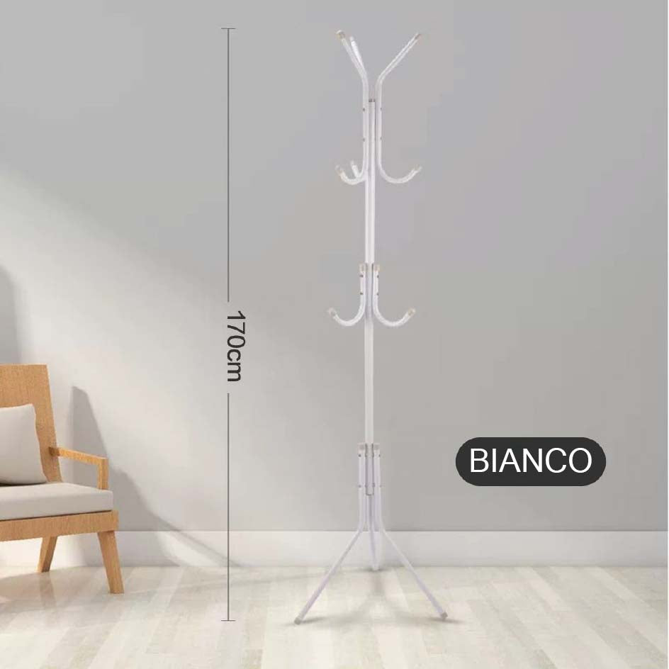 Appendiabiti da Terra Salvaspazio per Ingresso, Porta Abiti con Ganci Multipli, Altezza 170 cm, Base Stabile, Nero o Bianco