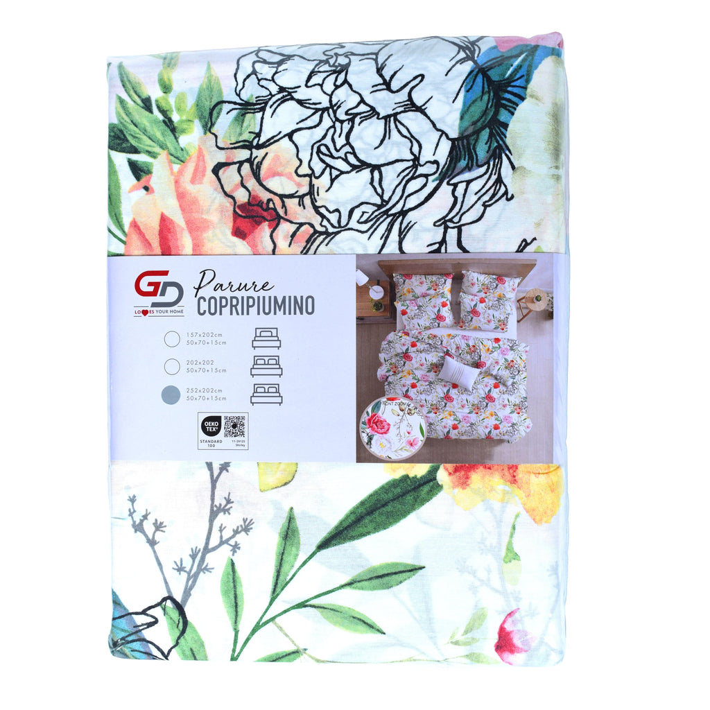 Parure Copripiumino GD LOVES YOUR HOME Fantasie Giardino di Peonie & Verde Botanico – Set 2 o 3 Pezzi con Federe – 3 Misure – Morbido, Traspirante, Anti-pilling e Lavabile in Lavatrice