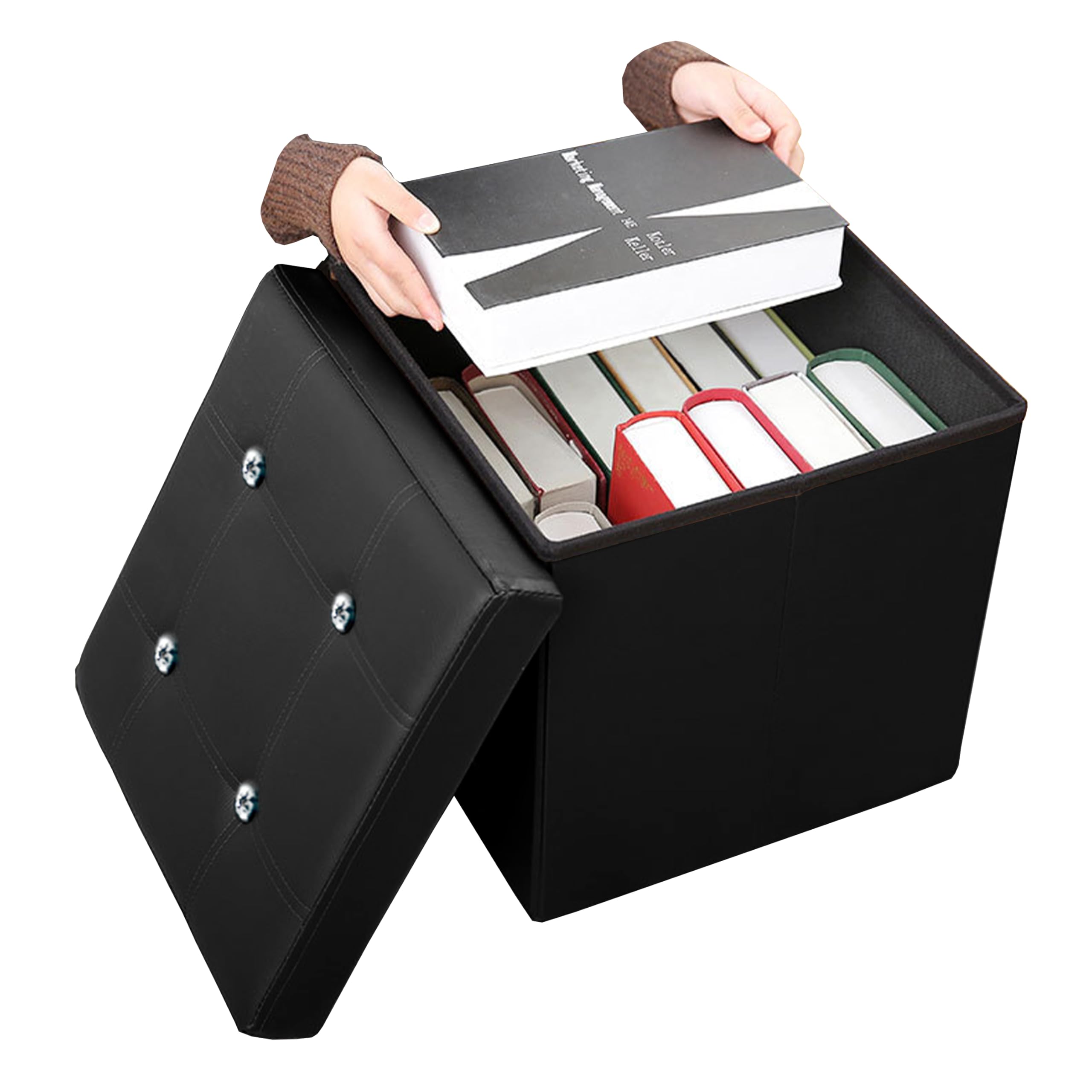 GD LOVES YOUR HOME – Pouf Pieghevole in Ecopelle con Pietre Decorative, Contenitore Portaoggetti e Sgabello Imbottito – 38×38×38 cm, Disponibile in 4 Eleganti Colori