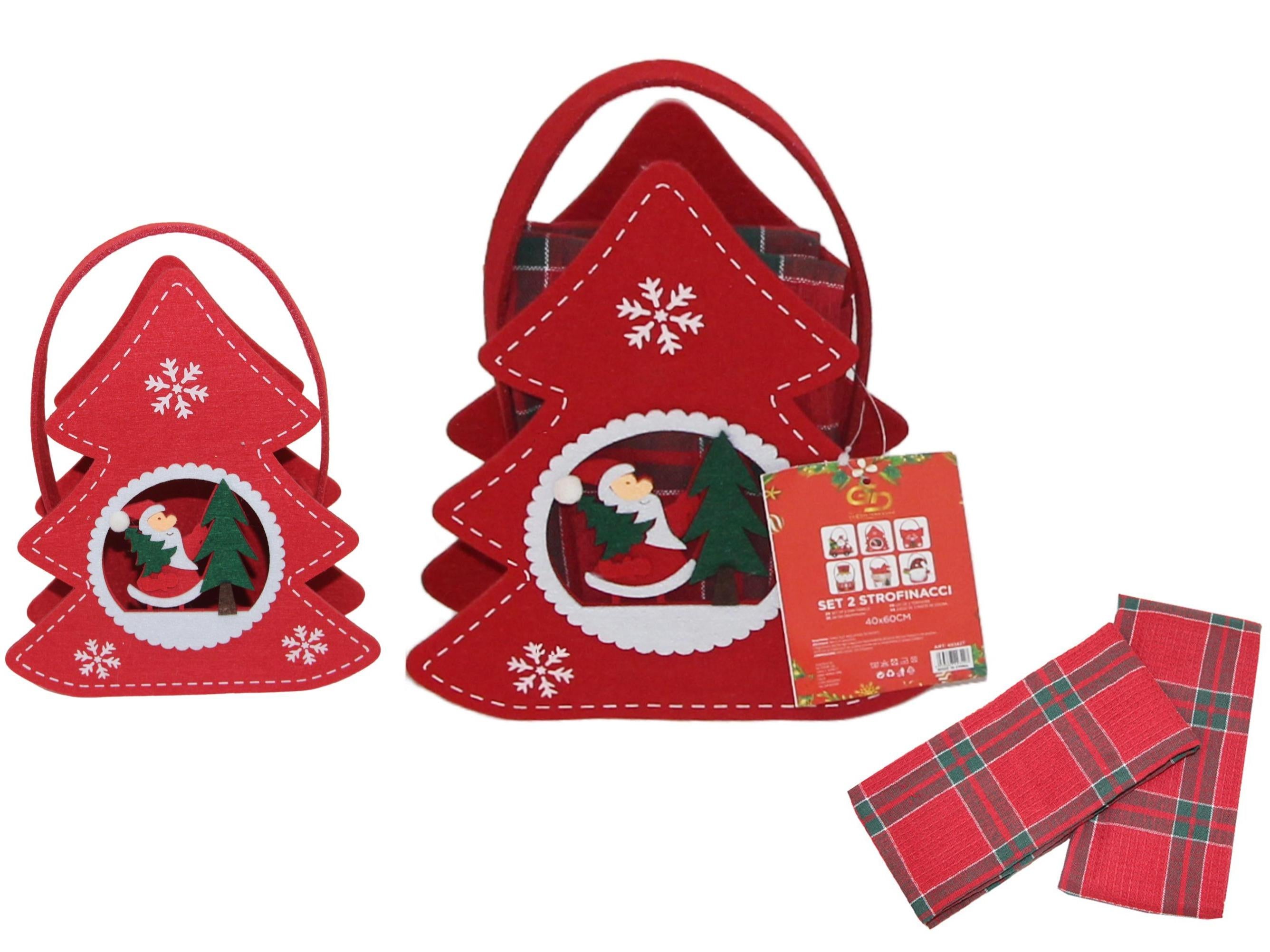 GD LOVES XMAS Set Regalo Natalizio con Mini Borsa Decorata e 2 Strofinacci Scozzesi 40×60 cm (85% Cotone) – Idea Regalo Festiva per Casa e Tavola