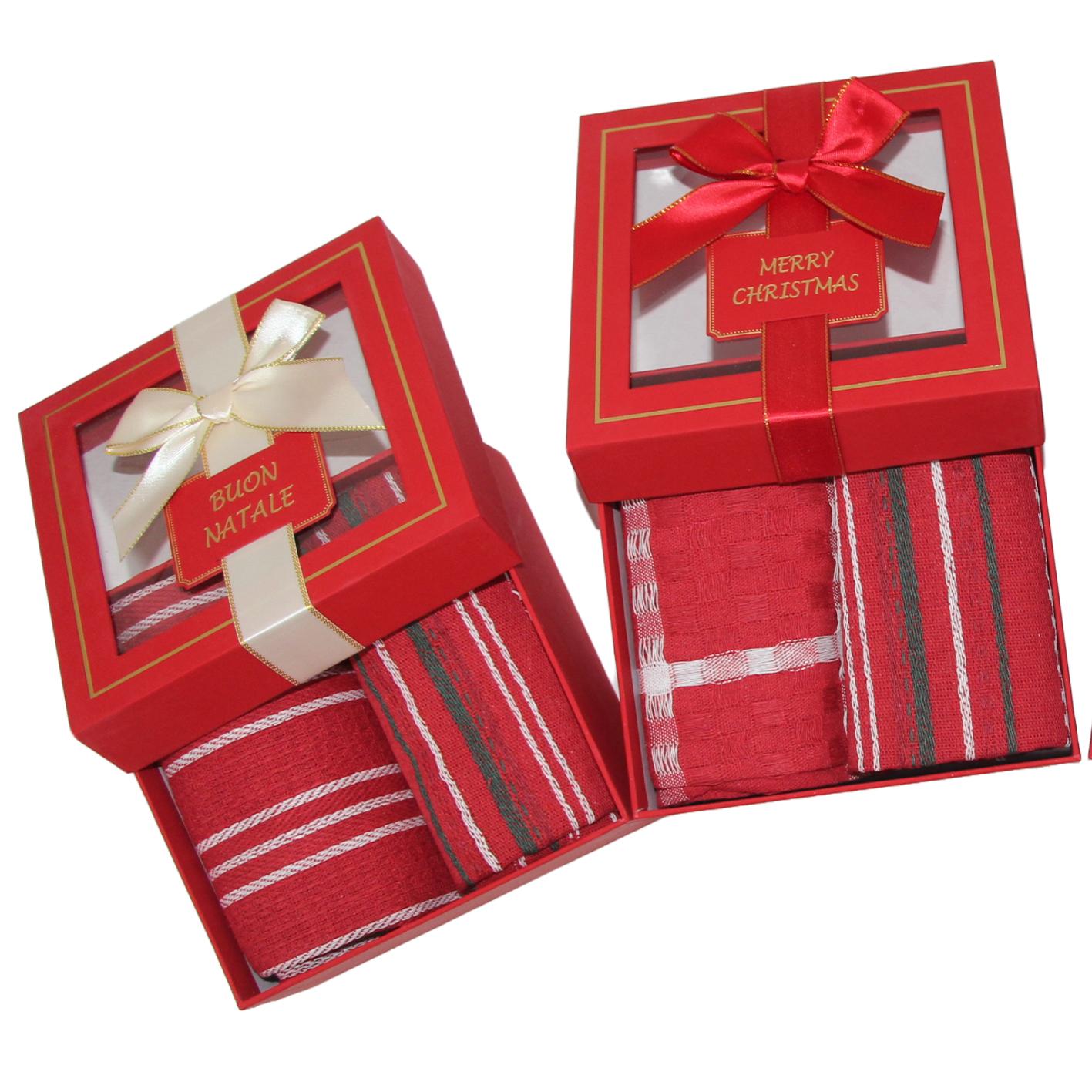 GD LOVES XMAS Set Regalo Natalizio in Scatola con Fiocco Tovaglietta 40*60CM in cotone Elegante per Tavola di Natale – 4 Varianti Buone Feste / Merry Christmas / Happy Christmas – Idea Regalo Pronta