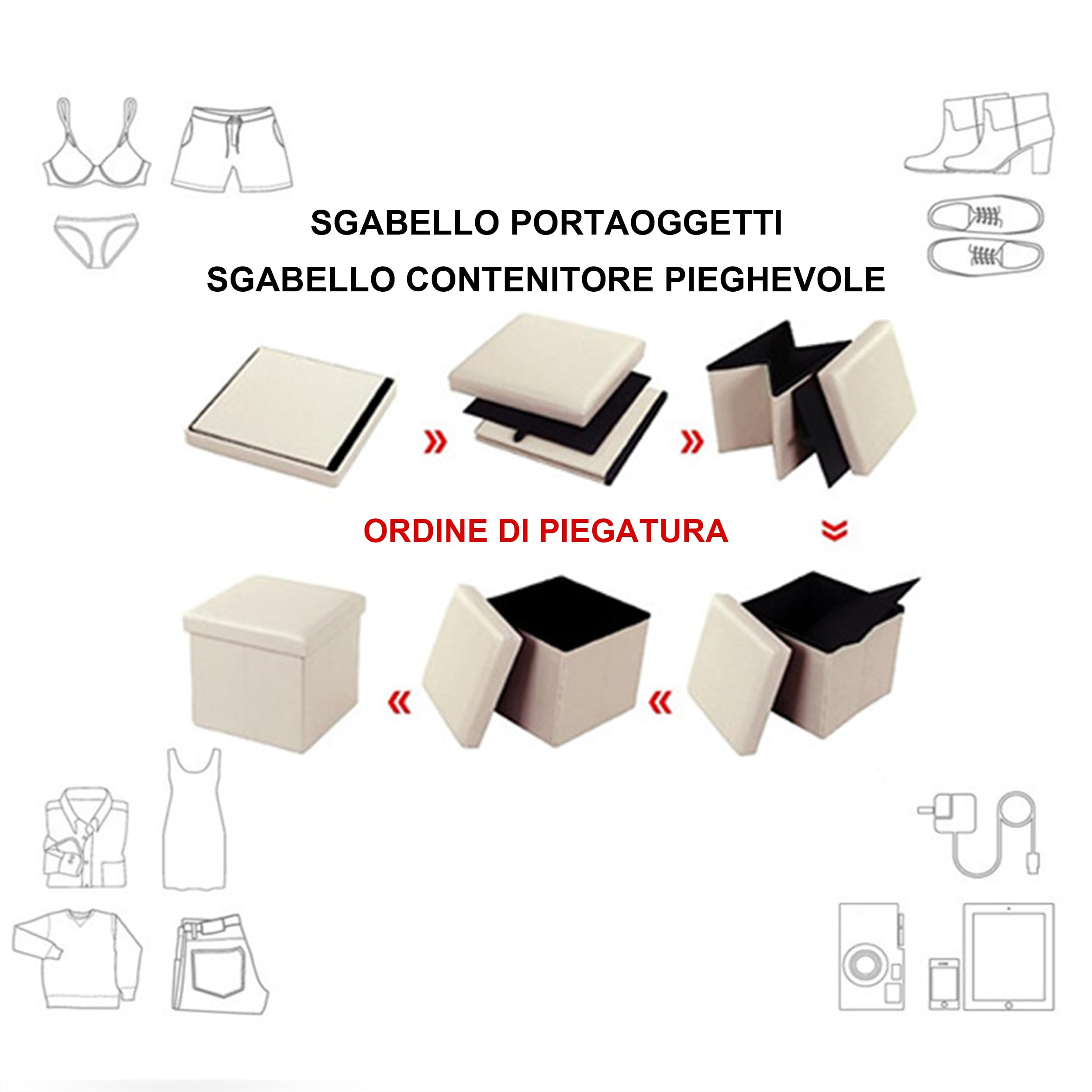 GD LOVES YOUR HOME – Pouf Pieghevole in Ecopelle con Pietre Decorative, Contenitore Portaoggetti e Sgabello Imbottito – 38×38×38 cm, Disponibile in 4 Eleganti Colori
