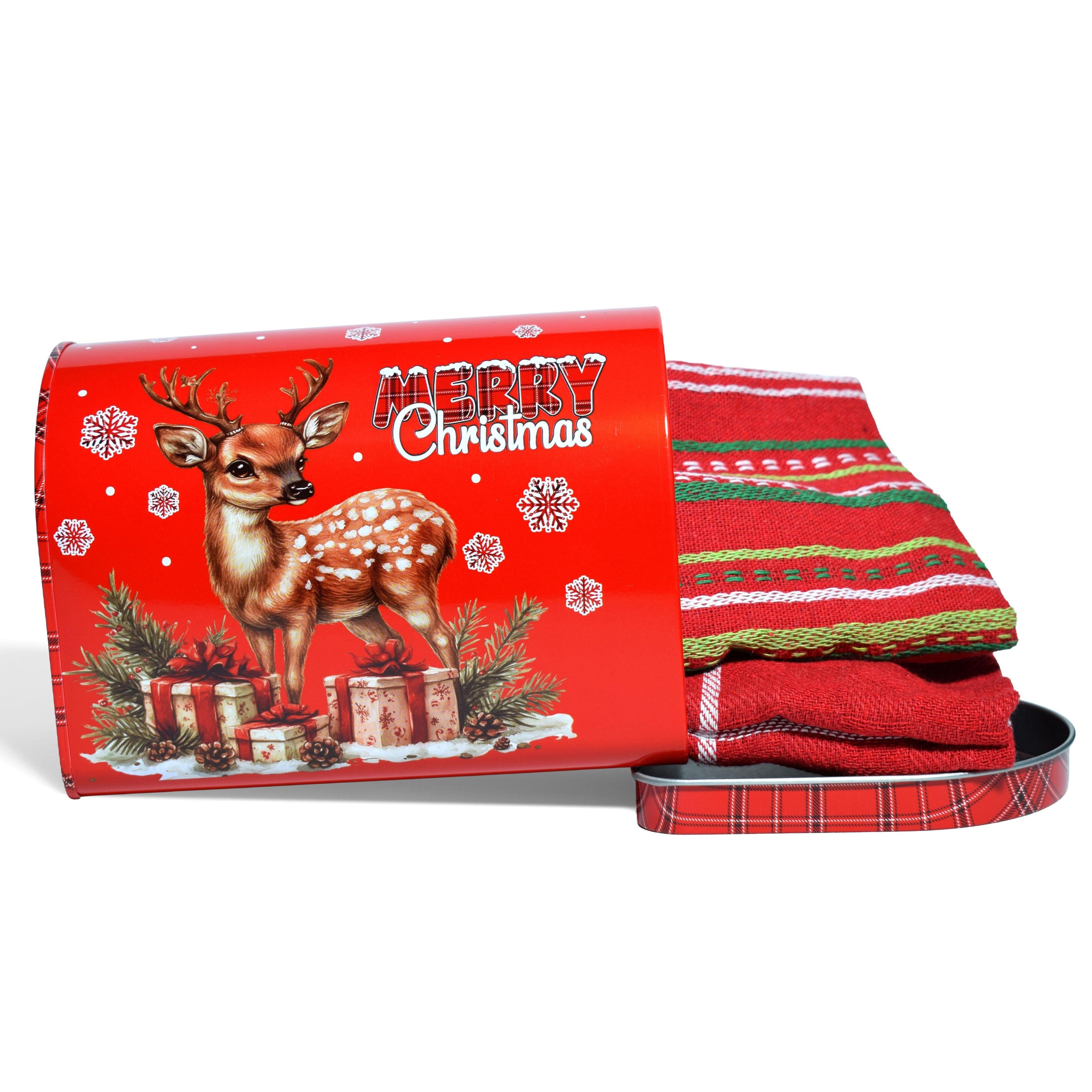 GD LOVES XMAS Set Regalo Natalizio con Latta Decorata Apribile + 2 Strofinacci Scozzesi 40×60 cm (85% Cotone) – 6 Fantasie Festive