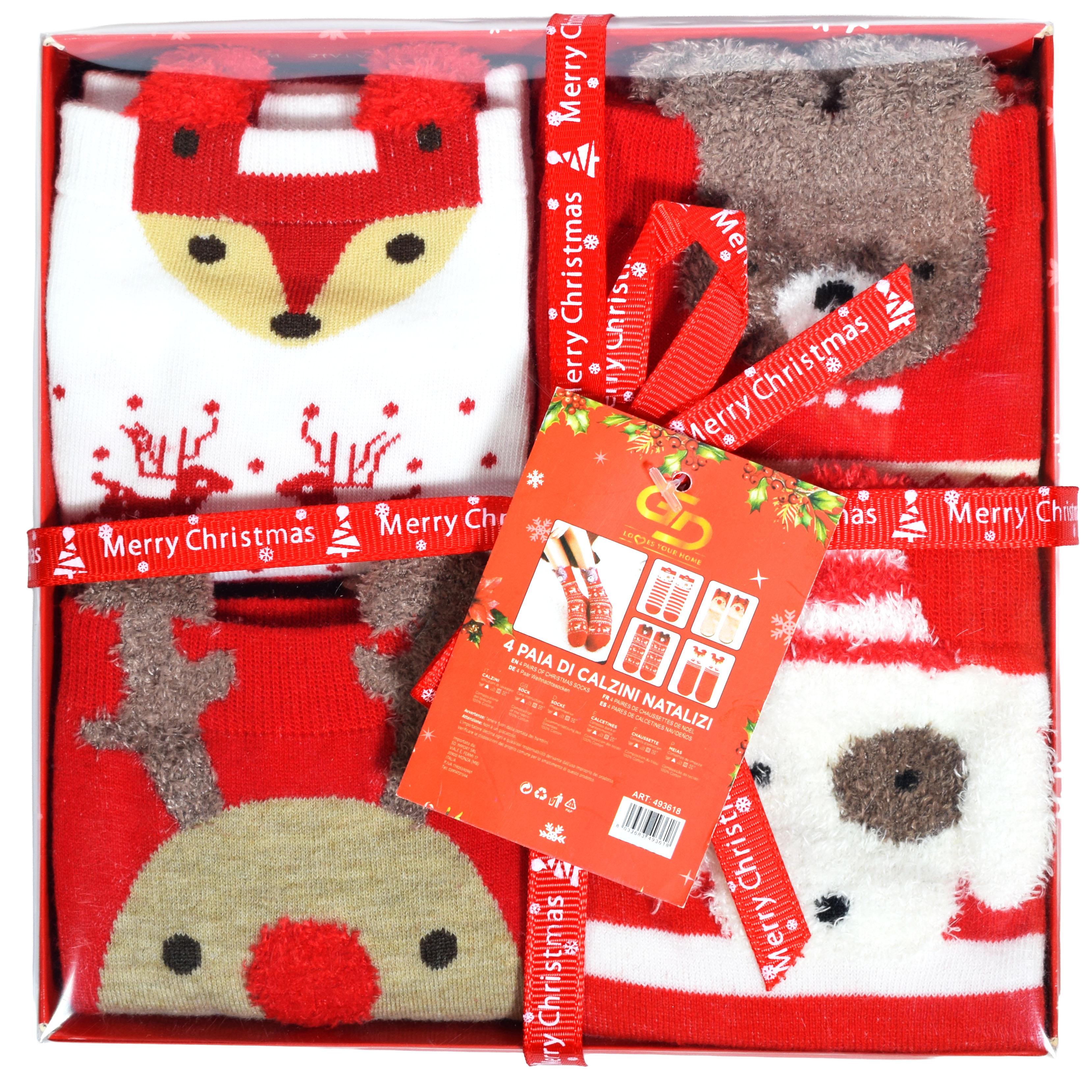 GD LOVES XMAS Set Regalo Calzini Natalizi Morbidi in Cotone – 3 o 4 Paia in Confezione Regalo con Fiocco  Fantasie Invernali e Natalizie