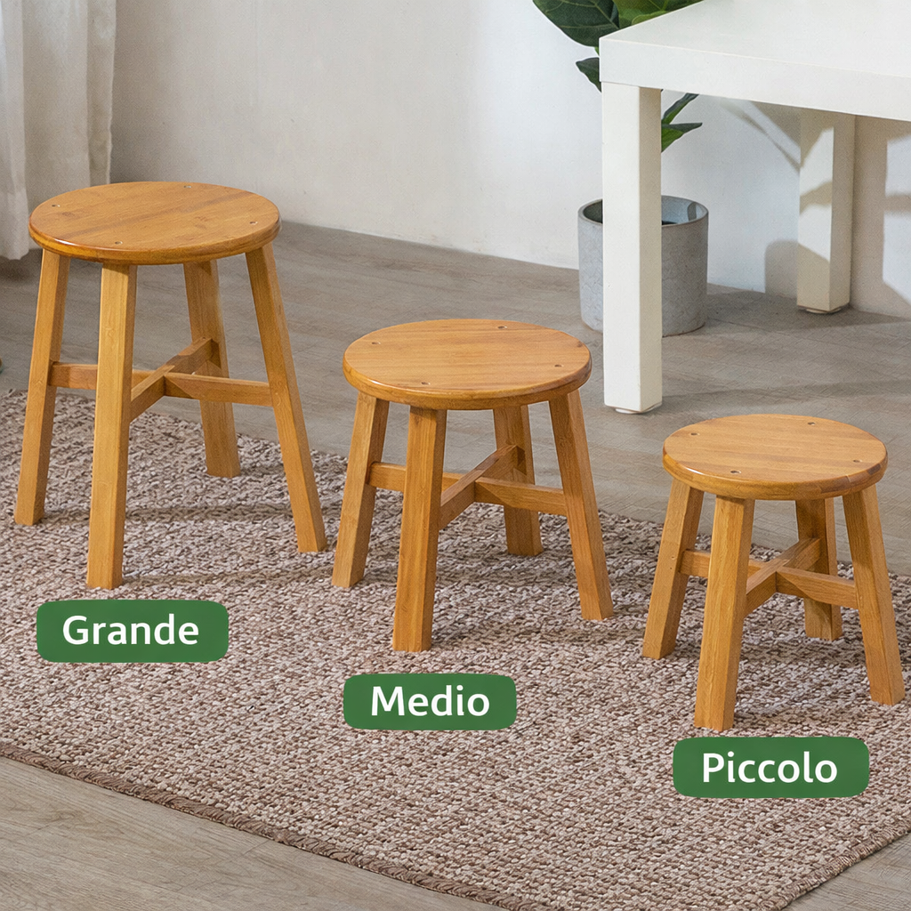 Sgabello Rotondo in Bambù Naturale | Seduta Compatta Multiuso per Casa e Bagno