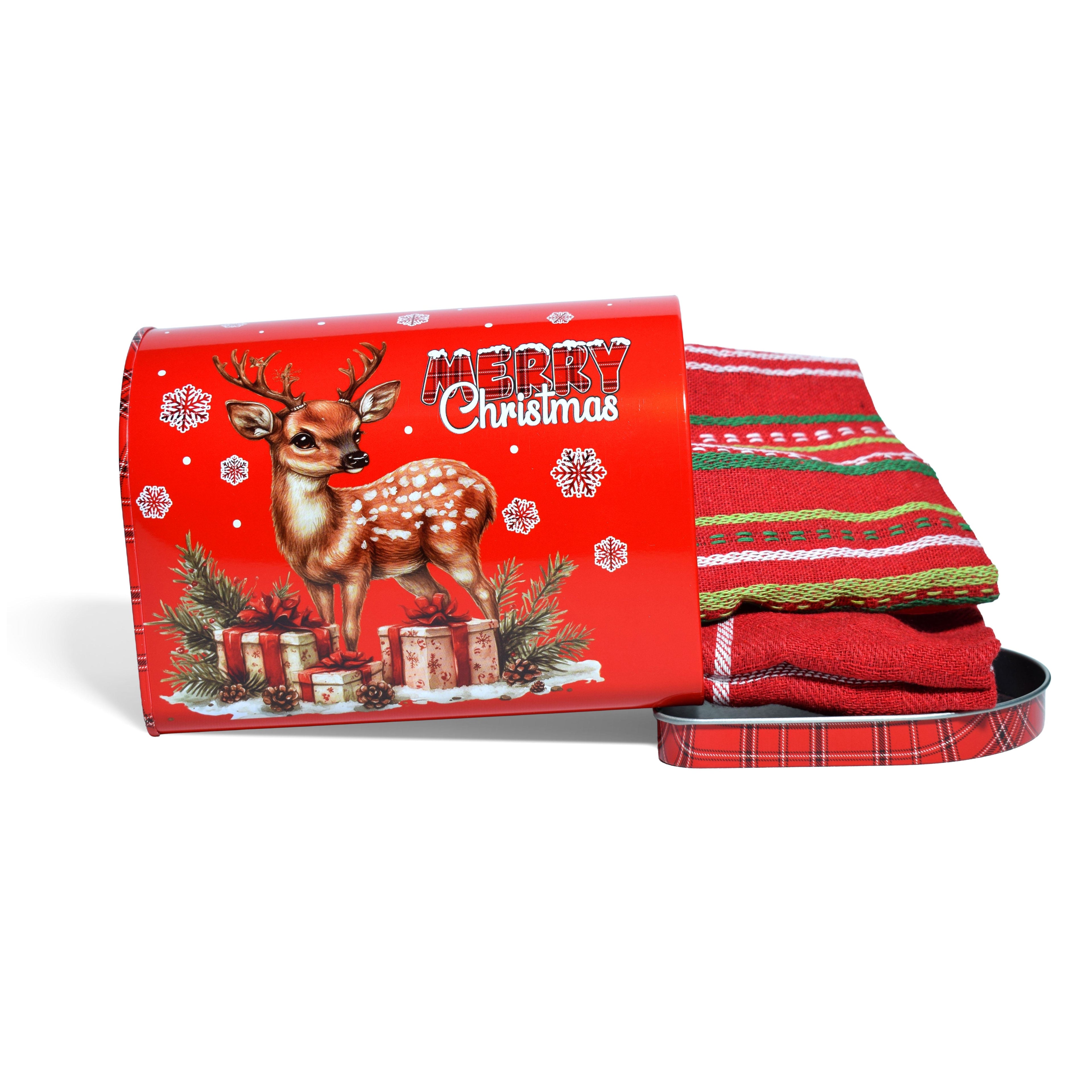 GD LOVES XMAS Set Regalo Natalizio con Latta Decorata Apribile + 2 Strofinacci Scozzesi 40×60 cm (85% Cotone) – 6 Fantasie Festive