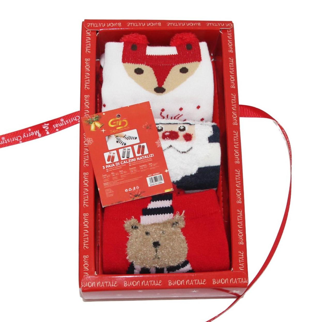 GD LOVES XMAS Set Regalo Calzini Natalizi Morbidi in Cotone – 3 o 4 Paia in Confezione Regalo con Fiocco  Fantasie Invernali e Natalizie