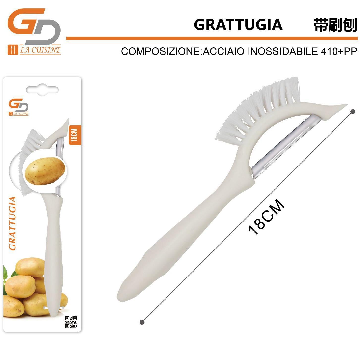 GD LA CUISINE Pelapatate 3 in 1 con Spazzola e Punta Affilata | Pulisce, Pela e Rimuove le Imperfezioni da Frutta e Verdura 18 CM