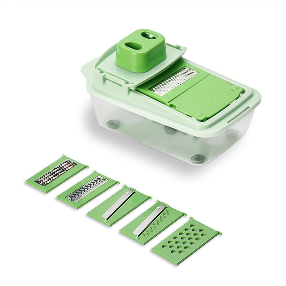 GD LOVES YOUR HOME Grattugia Multifunzione 5 in 1 con Contenitore – Affettatrice Manuale Professionale per Julienne, Patate, Zucchine, Carote, Cipolle e Formaggi – Lame in Acciaio Inox