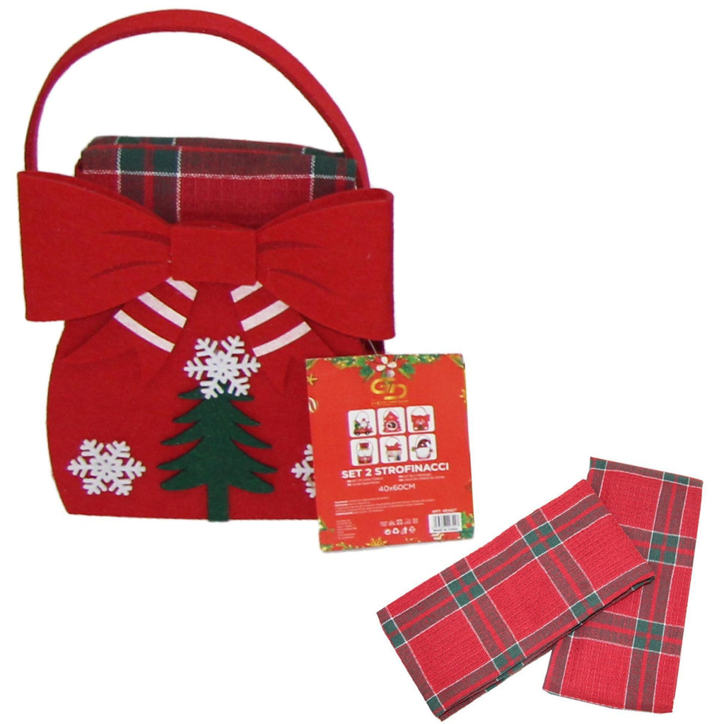 GD LOVES XMAS Set Regalo Natalizio con Mini Borsa Decorata e 2 Strofinacci Scozzesi 40×60 cm (85% Cotone) – Idea Regalo Festiva per Casa e Tavola