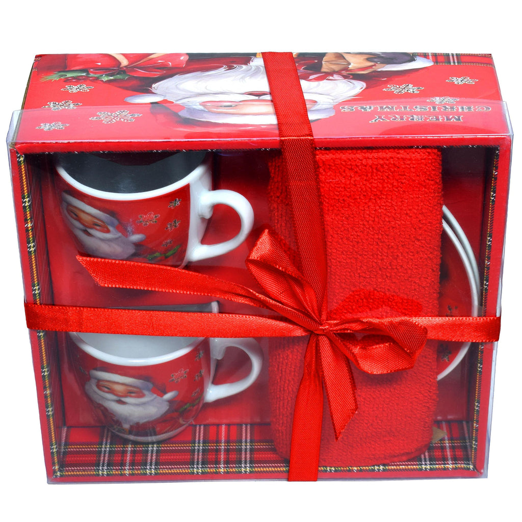 GD LOVES XMAS Set Regalo Natalizio Tazze + Piattini + Canovaccio – Confezione in Scatola Decorata | 85% Cotone, Idea Regalo per Casa o Ufficio