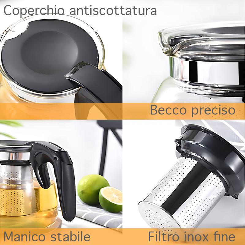 GD LOVES YOUR HOME Teiera in Vetro con Infusore in Acciaio Inox – Beccuccio antigoccia, manico e coperchio antiscottatura – Teiera con filtro rimovibile per tè e tisane – 700/900/1100 ml