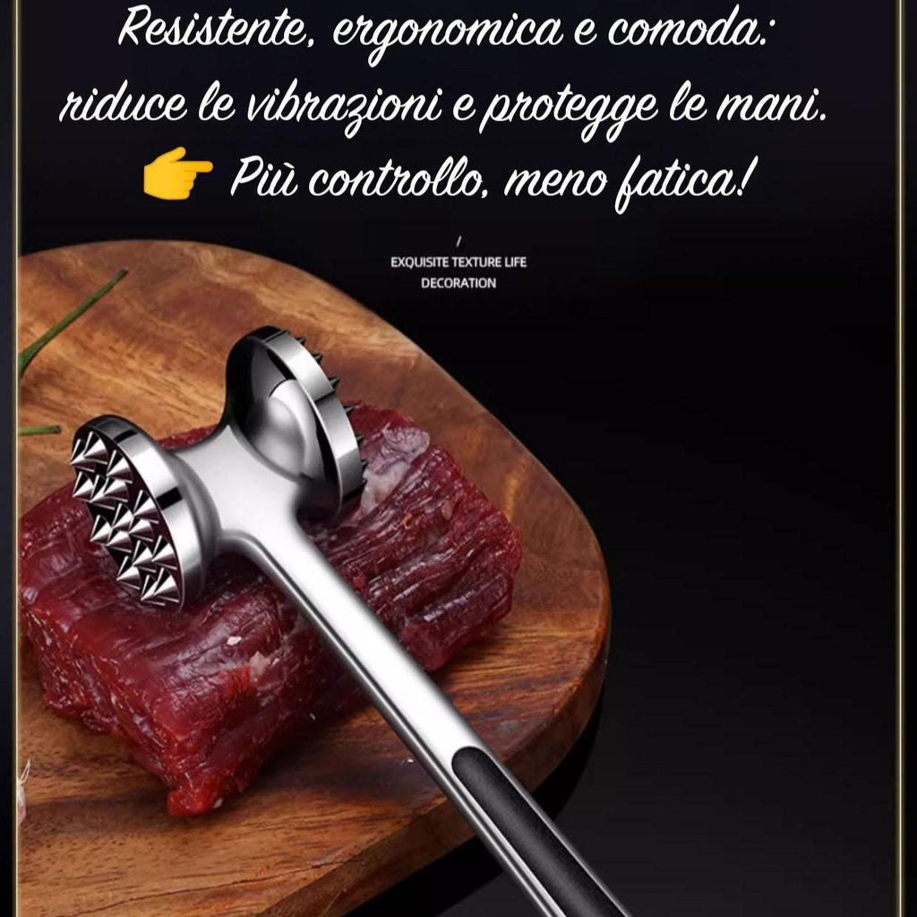 GD LA CUISINE Batticarne Multifunzione in Acciaio Inox con Doppia Superficie 23 cm Utensile Professionale per Carne Tenera e Gustosa Manico Ergonomico e Resistente