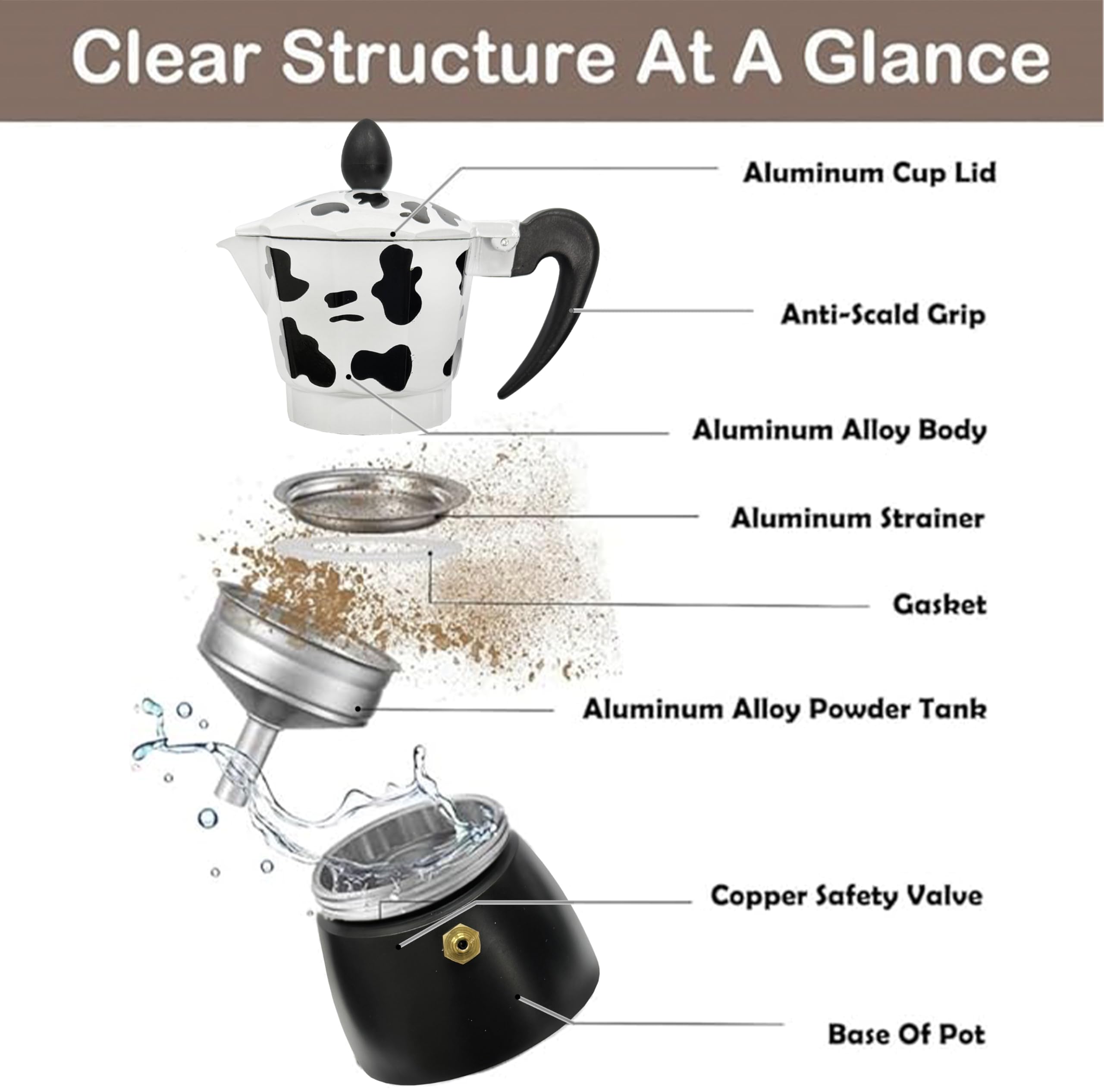 GD LOVES YOUR HOME Caffettiera Moka “Mucca” in Alluminio – 1/3/6 Tazze per Espresso – Valvola di Sicurezza e Manico Antiscottatura – idea regalo