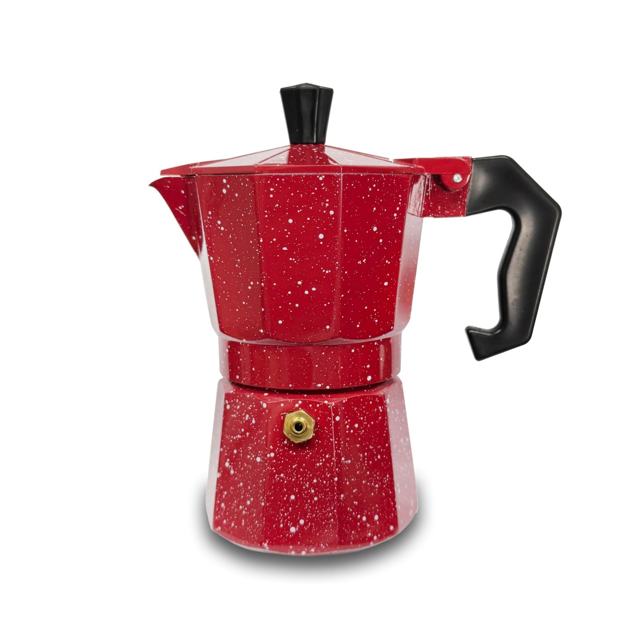 GD LOVES YOUR HOME Caffettiera Moka in Alluminio Effetto Granito (Puntinato) – 1/2/3/6 Tazze per Espresso – Valvola di Sicurezza e Manico Antiscottatura – 3 Colori: Nero / Rosso / Grigio