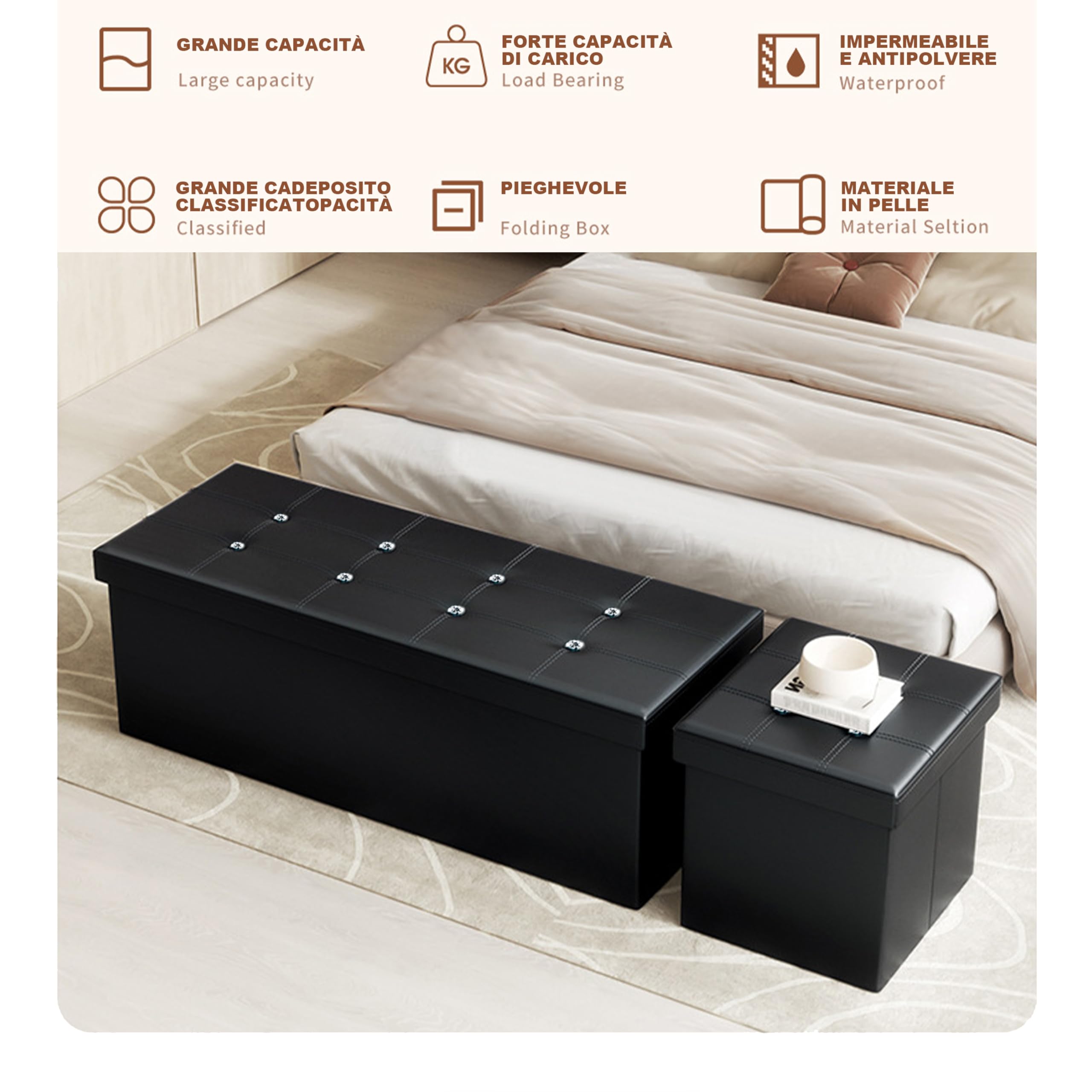 GD LOVES YOUR HOME – Pouf Pieghevole in Ecopelle con Pietre Decorative, Contenitore Portaoggetti e Sgabello Imbottito – 38×38×38 cm, Disponibile in 4 Eleganti Colori