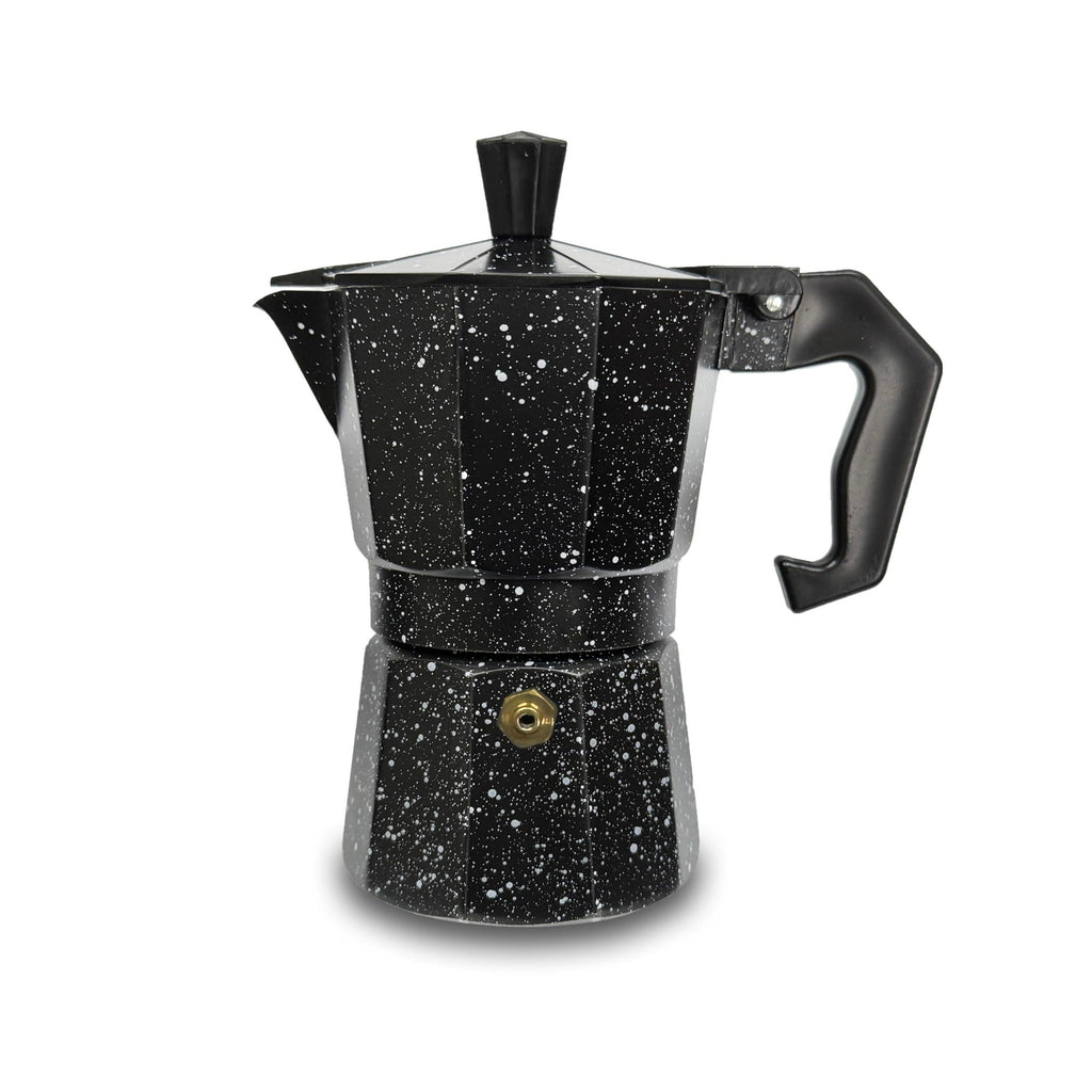 GD LOVES YOUR HOME Caffettiera Moka in Alluminio Effetto Granito (Puntinato) – 1/2/3/6 Tazze per Espresso – Valvola di Sicurezza e Manico Antiscottatura – 3 Colori: Nero / Rosso / Grigio
