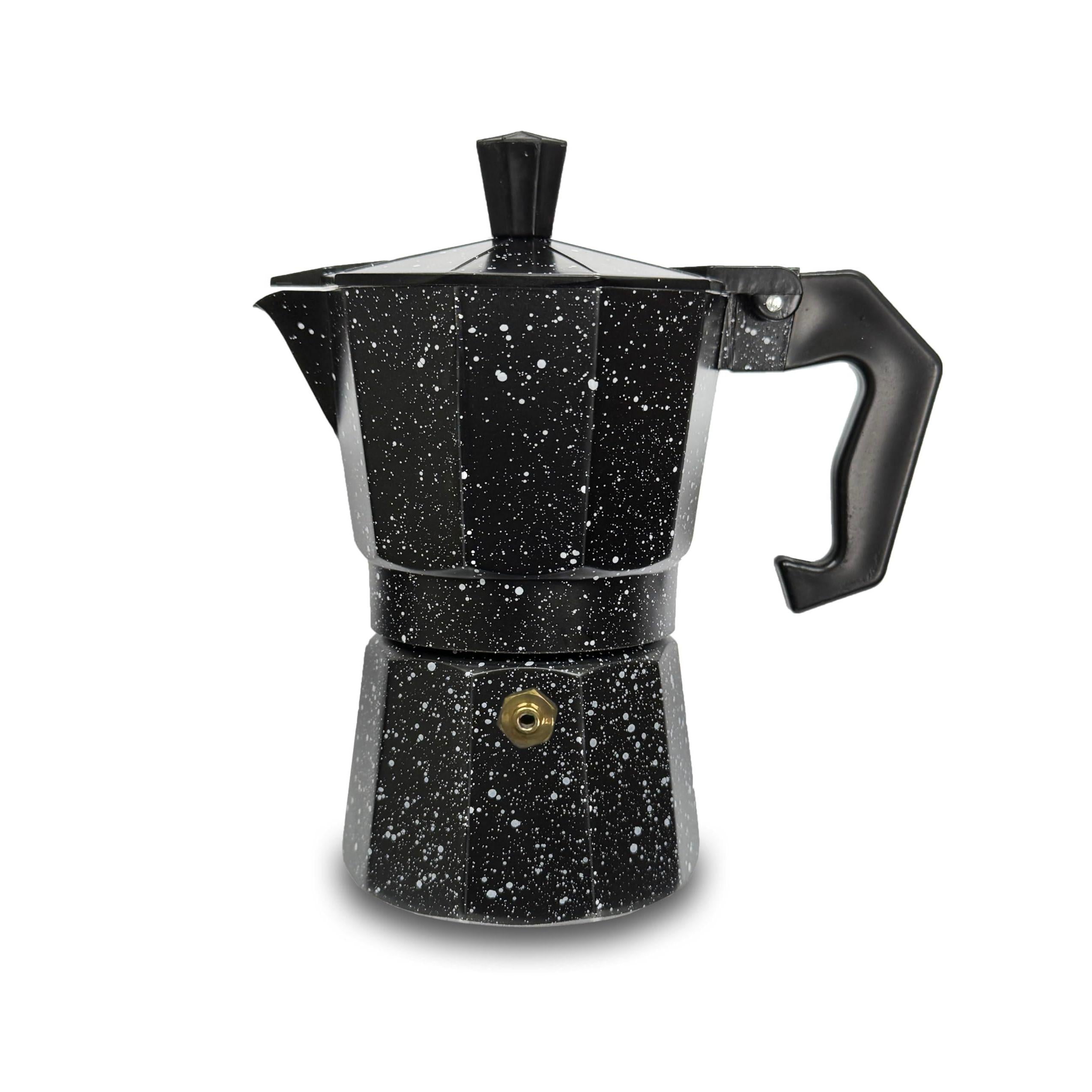 GD LOVES YOUR HOME Caffettiera Moka in Alluminio Effetto Granito (Puntinato) – 1/2/3/6 Tazze per Espresso – Valvola di Sicurezza e Manico Antiscottatura – 3 Colori: Nero / Rosso / Grigio