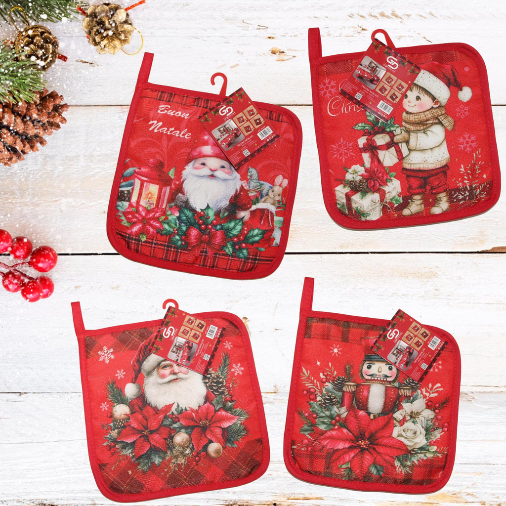 GD LOVES XMAS Presina Natalizia 19×19 cm  Decorazione Cucina Natale – Guanto Termico Quadrato in Tessuto Resistente con Gancio – 4 Fantasie Coordinate