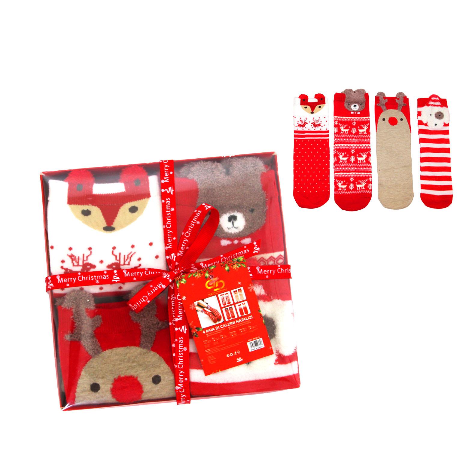 GD LOVES XMAS Set Regalo Calzini Natalizi Morbidi in Cotone – 3 o 4 Paia in Confezione Regalo con Fiocco  Fantasie Invernali e Natalizie