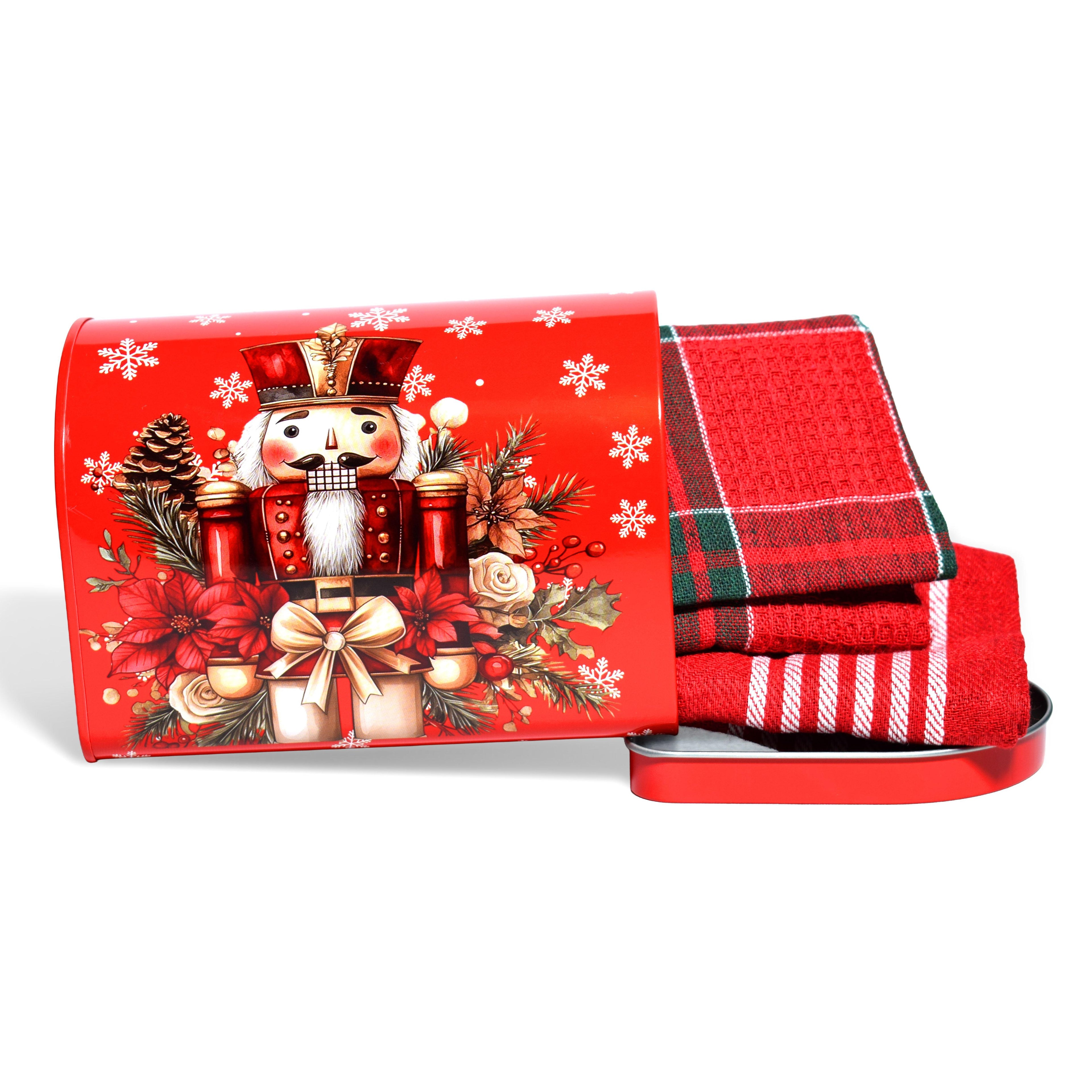 GD LOVES XMAS Set Regalo Natalizio con Latta Decorata Apribile + 2 Strofinacci Scozzesi 40×60 cm (85% Cotone) – 6 Fantasie Festive