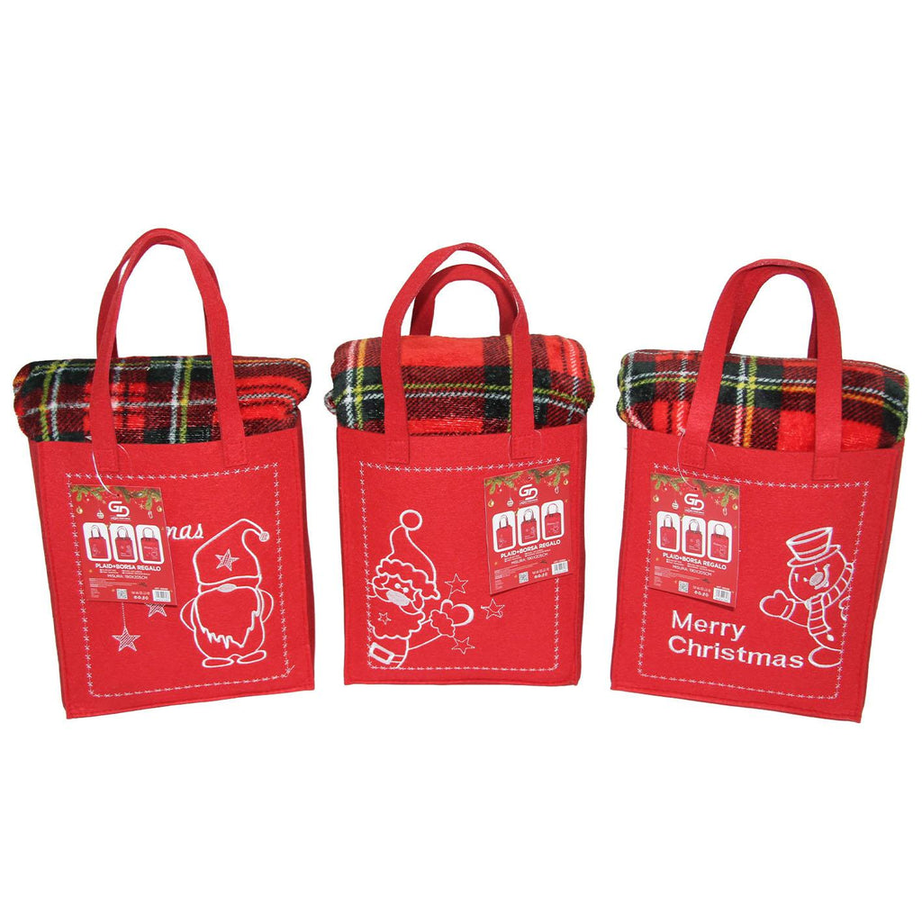 GD LOVES XMAS Set Regalo Natalizio con Plaid in Pile Morbido Borsa Regalo Tessuto Decorata Piccolo 120×150 cm Grande 190×205 cm Ideale per Regali Natalizi
