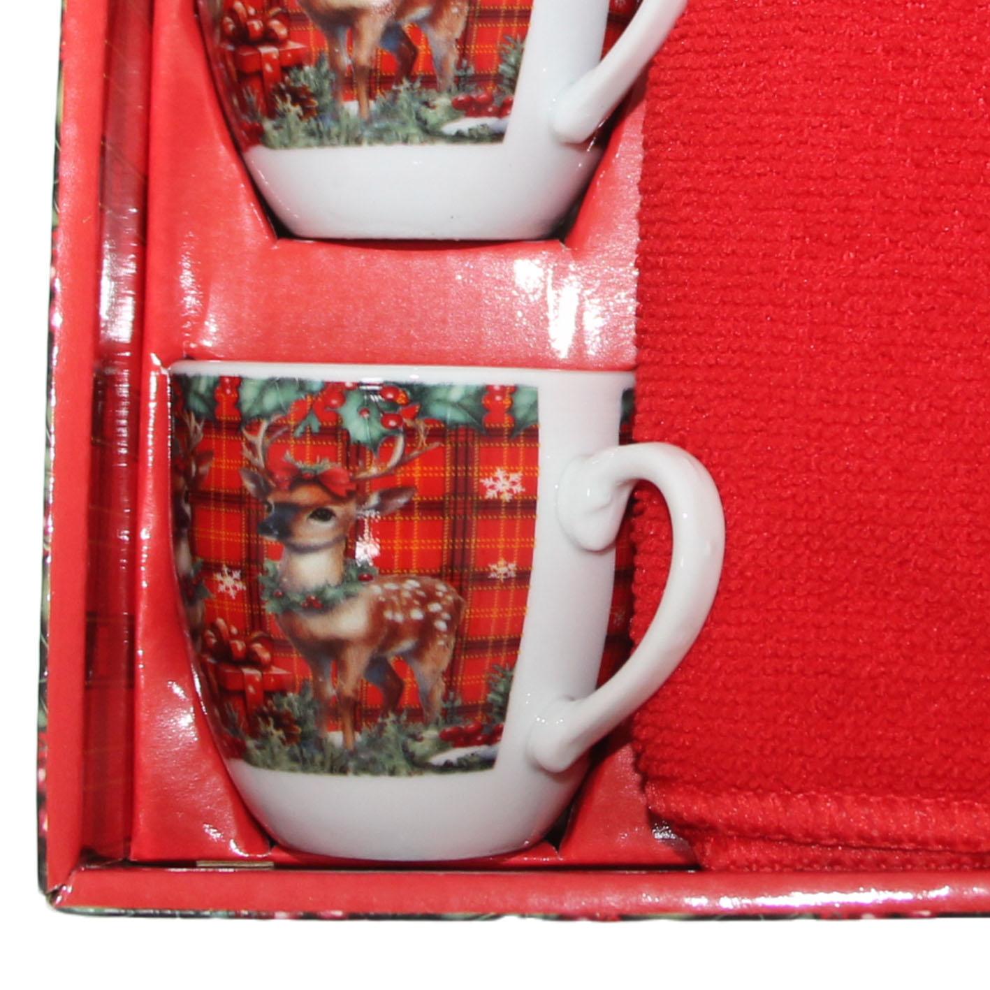 GD LOVES XMAS Set Regalo Natalizio Tazze + Piattini + Canovaccio – Confezione in Scatola Decorata | 85% Cotone, Idea Regalo per Casa o Ufficio