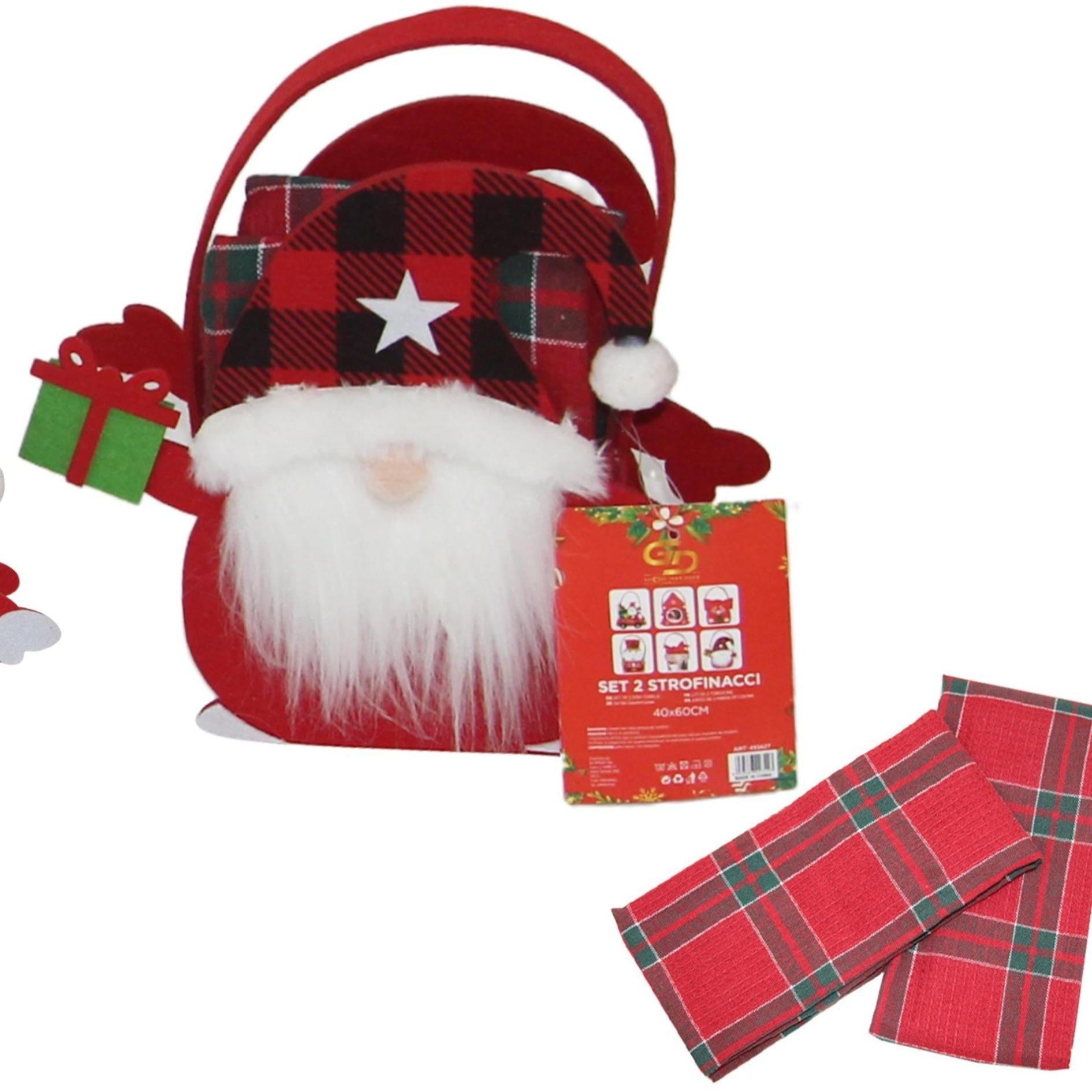GD LOVES XMAS Set Regalo Natalizio con Mini Borsa Decorata e 2 Strofinacci Scozzesi 40×60 cm (85% Cotone) – Idea Regalo Festiva per Casa e Tavola