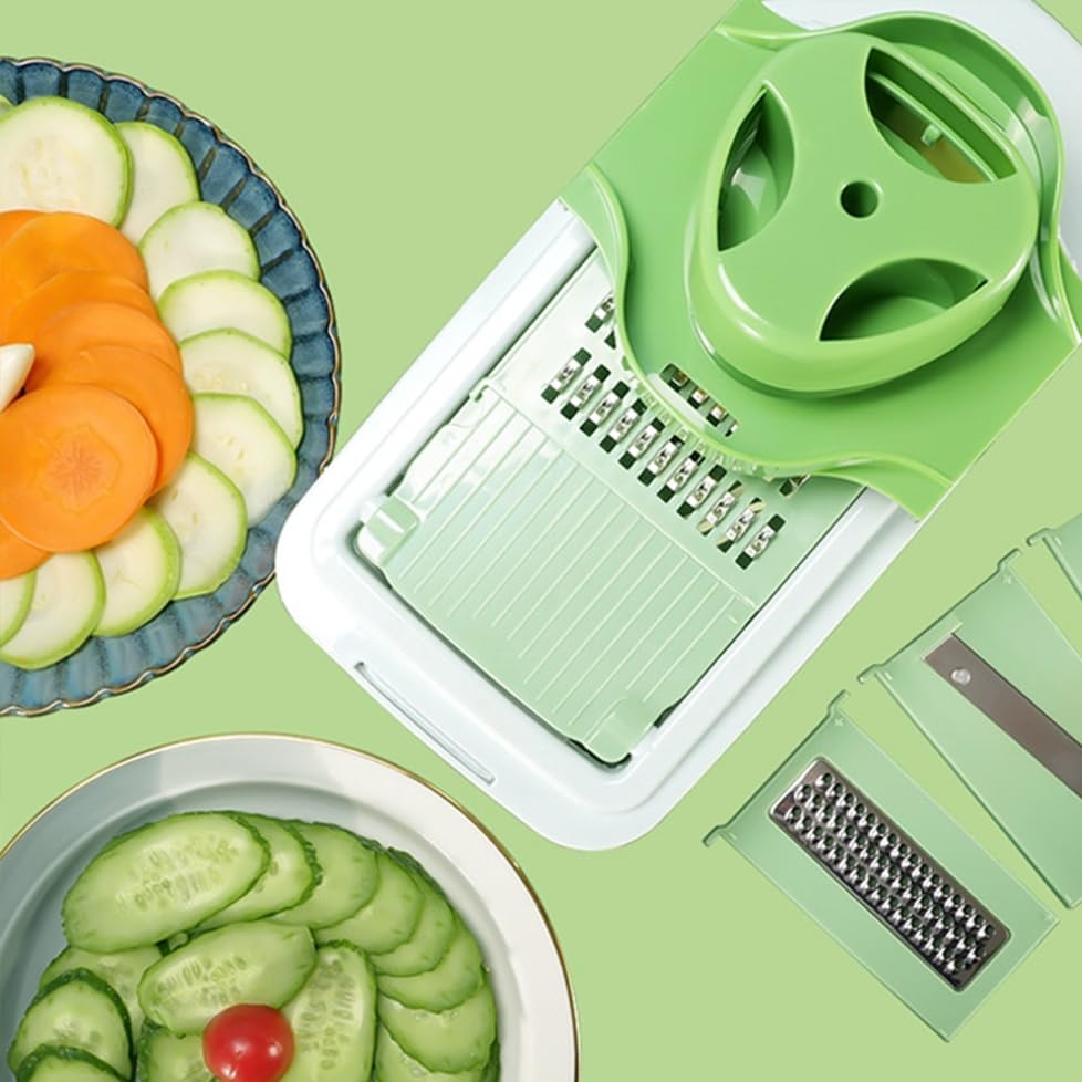 GD LOVES YOUR HOME Grattugia Multifunzione 5 in 1 con Contenitore – Affettatrice Manuale Professionale per Julienne, Patate, Zucchine, Carote, Cipolle e Formaggi – Lame in Acciaio Inox