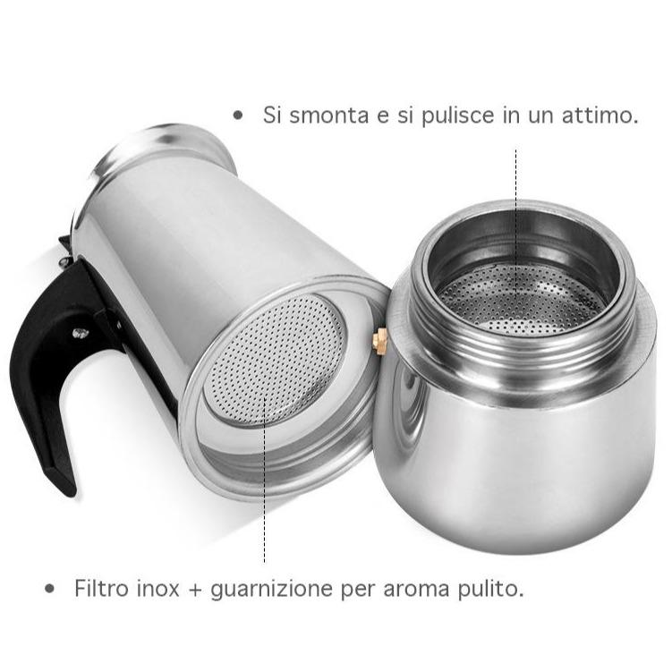 GD LOVES YOUR HOME Caffettiera Moka in Acciaio Inox per Piano Cottura (Induzione/Gas) – 2/4/6 Tazze – Valvola di sicurezza e manico antiscottatura – Finitura acciaio lucido