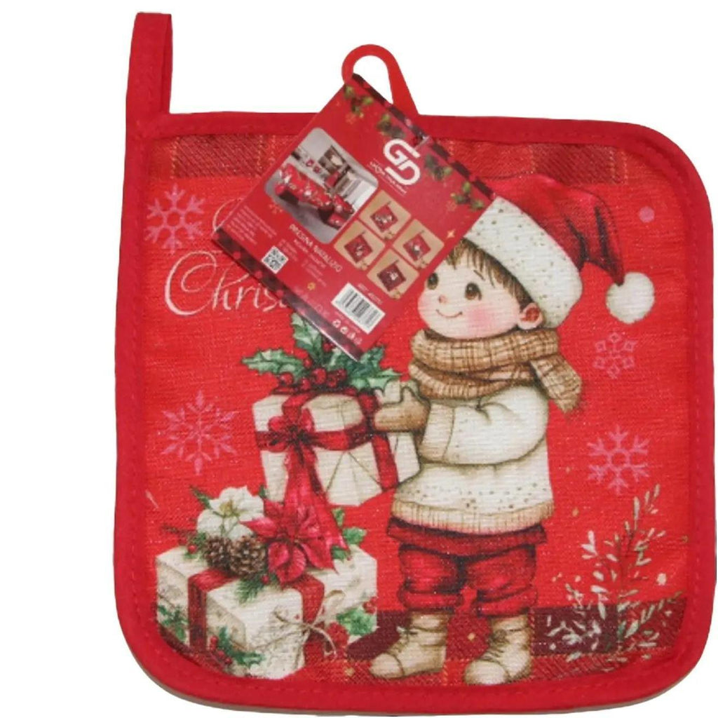GD LOVES XMAS Presina Natalizia 19×19 cm  Decorazione Cucina Natale – Guanto Termico Quadrato in Tessuto Resistente con Gancio – 4 Fantasie Coordinate
