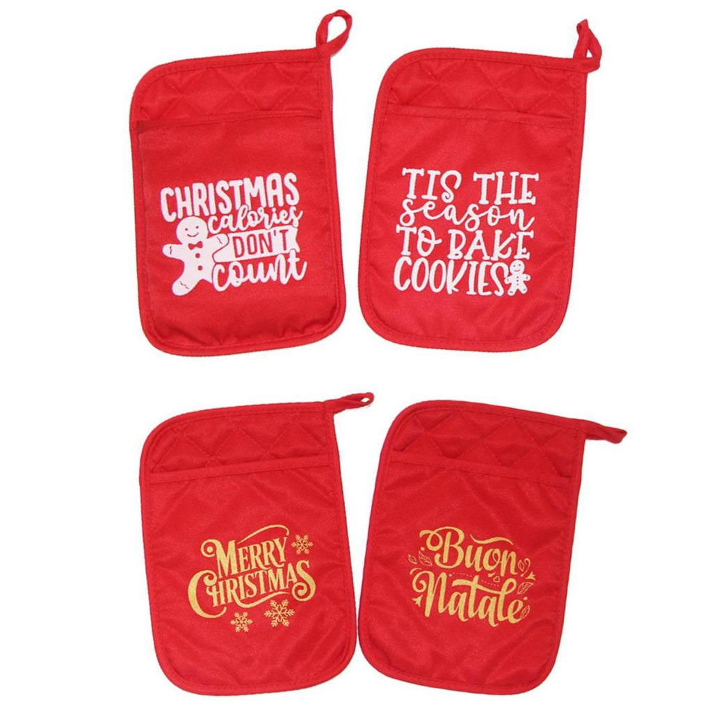 GD LOVES XMAS Set da Cucina Natalizio Presine + 2 Strofinaccio Scozzese 85% Cotone 45×65 cm 4 Fantasie con Gancio