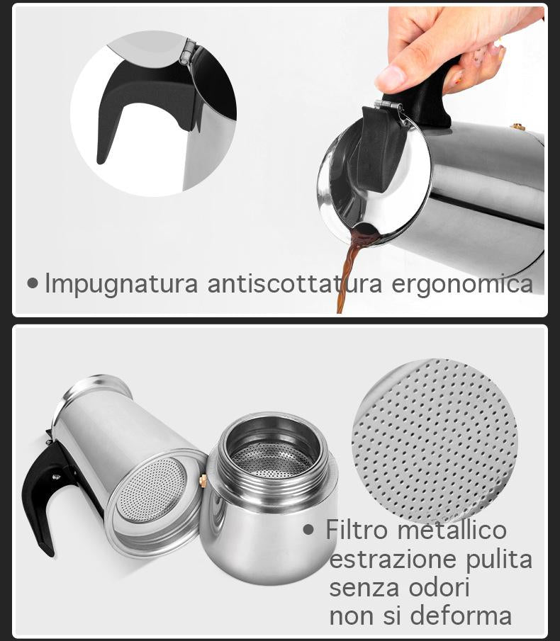GD LOVES YOUR HOME Caffettiera Moka in Acciaio Inox per Piano Cottura (Induzione/Gas) – 2/4/6 Tazze – Valvola di sicurezza e manico antiscottatura – Finitura acciaio lucido
