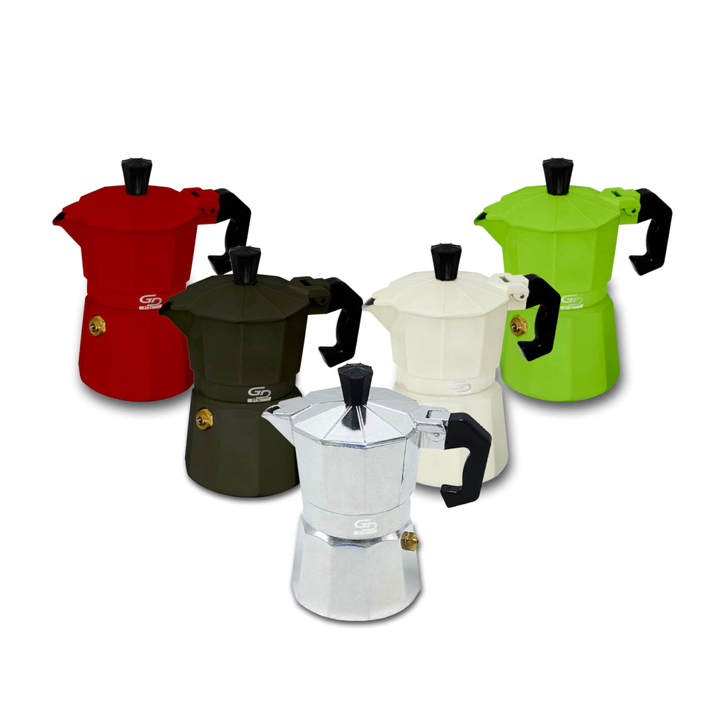 GD LOVES YOUR HOME Caffettiera Moka in alluminio 1–6 tazze | valvola di sicurezza, manico antiscottatura | per fornelli gas/elettrico/vetroceramica (no induzione) – 5 colori