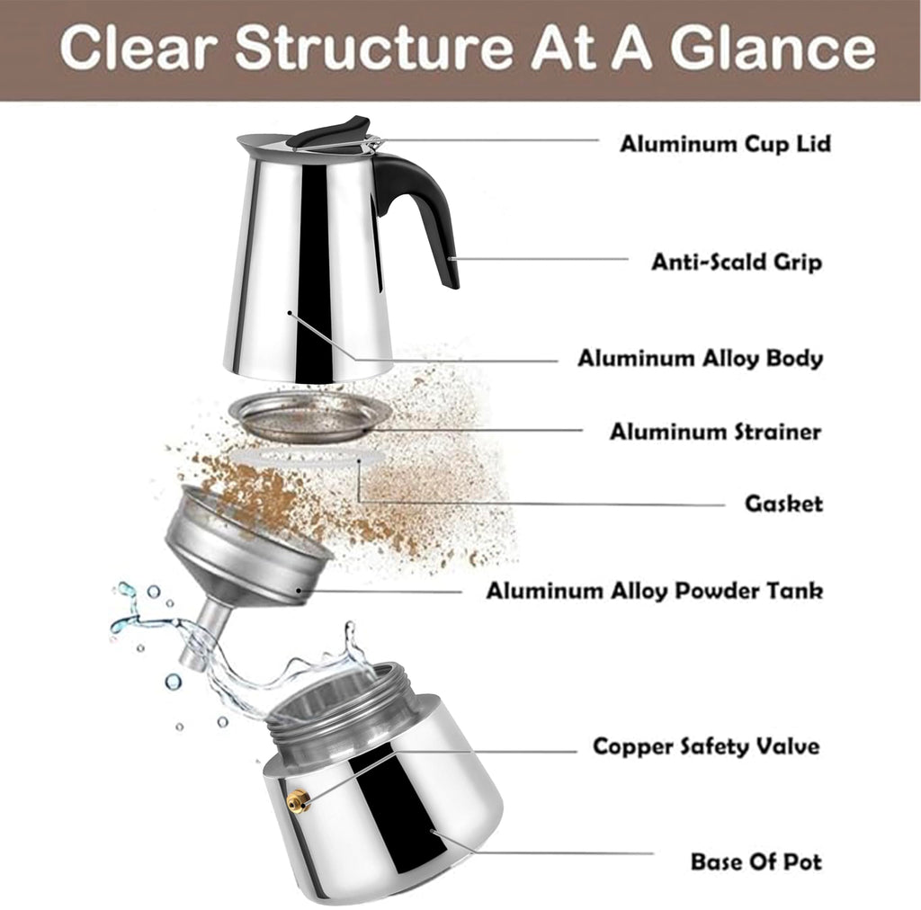 GD LOVES YOUR HOME Caffettiera Moka in Acciaio Inox per Piano Cottura (Induzione/Gas) – 2/4/6 Tazze – Valvola di sicurezza e manico antiscottatura – Finitura acciaio lucido