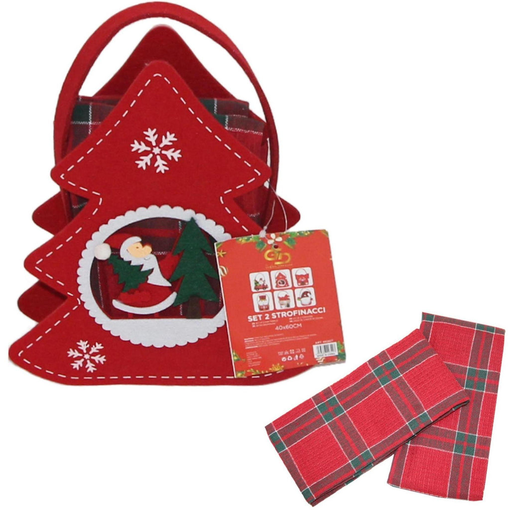 GD LOVES XMAS Set Regalo Natalizio con Mini Borsa Decorata e 2 Strofinacci Scozzesi 40×60 cm (85% Cotone) – Idea Regalo Festiva per Casa e Tavola