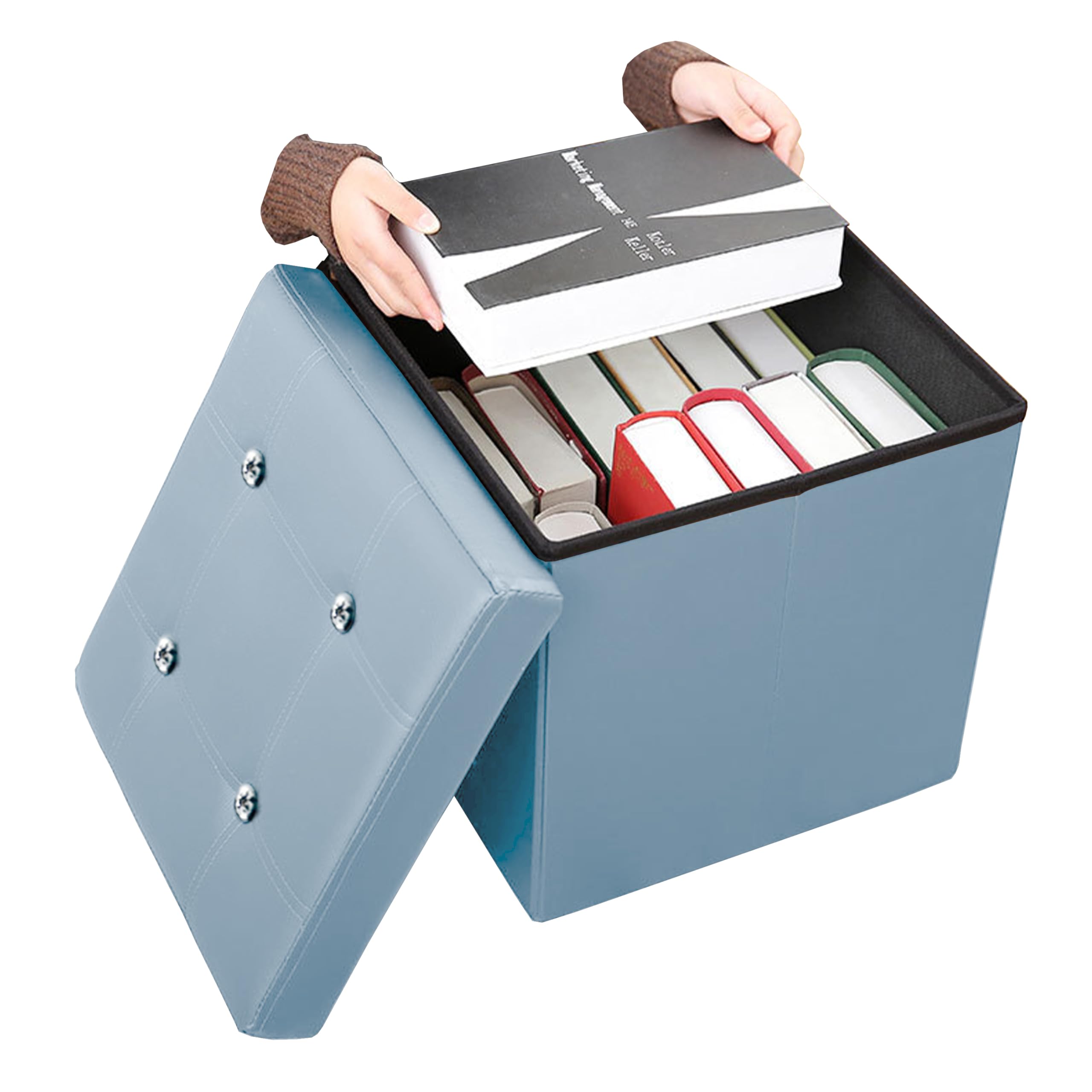 GD LOVES YOUR HOME – Pouf Pieghevole in Ecopelle con Pietre Decorative, Contenitore Portaoggetti e Sgabello Imbottito – 38×38×38 cm, Disponibile in 4 Eleganti Colori