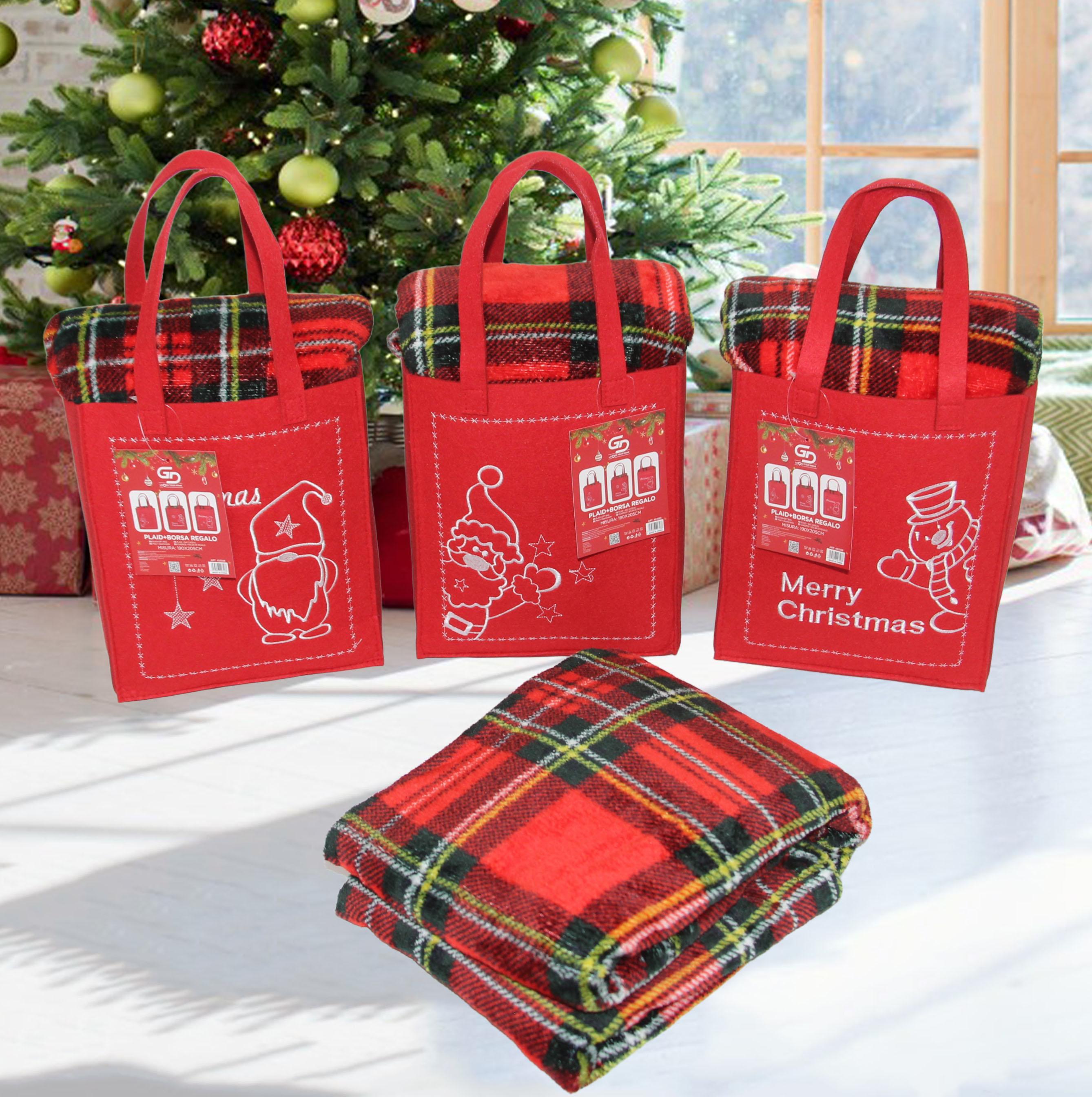 GD LOVES XMAS Set Regalo Natalizio con Plaid in Pile Morbido Borsa Regalo Tessuto Decorata Piccolo 120×150 cm Grande 190×205 cm Ideale per Regali Natalizi