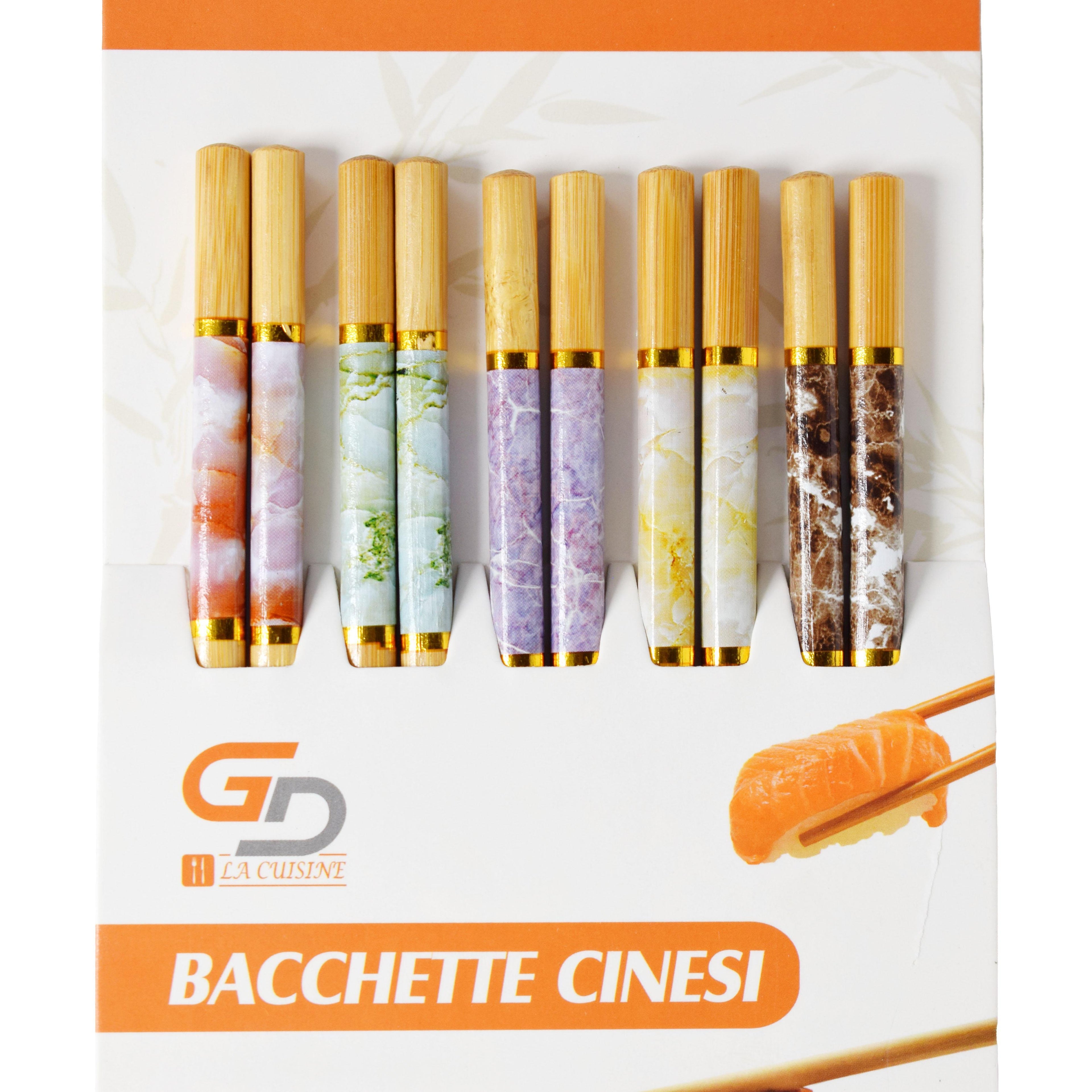 GD LA CUISINE Bacchette Cinesi in Bambù 24 cm Set da 5 o 10 Paia Riutilizzabili | Ecologiche, Antiscivolo, Resistenti, Fantasie Miste | Ideali per Sushi, Noodles, Riso, Ristoranti e Uso Domestico