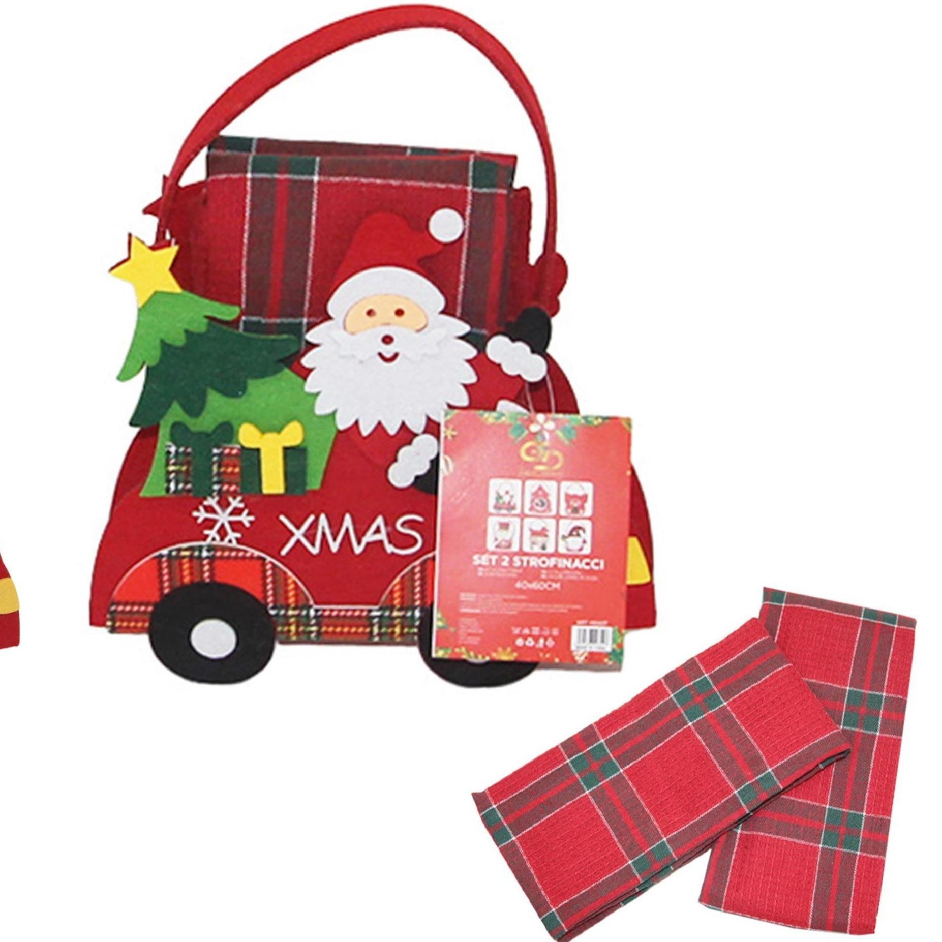 GD LOVES XMAS Set Regalo Natalizio con Mini Borsa Decorata e 2 Strofinacci Scozzesi 40×60 cm (85% Cotone) – Idea Regalo Festiva per Casa e Tavola