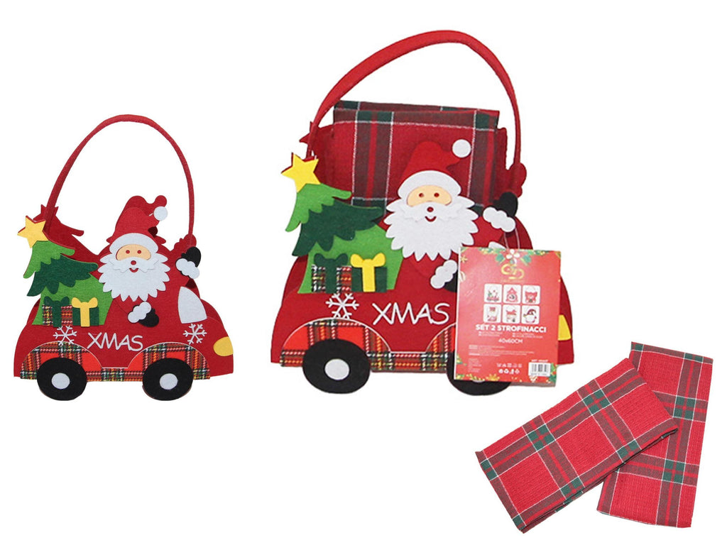 GD LOVES XMAS Set Regalo Natalizio con Mini Borsa Decorata e 2 Strofinacci Scozzesi 40×60 cm (85% Cotone) – Idea Regalo Festiva per Casa e Tavola