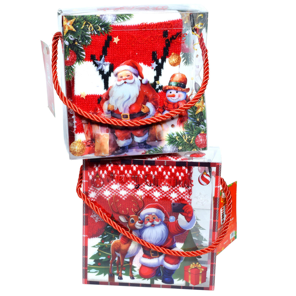 GD LOVES XMAS Set Regalo 2 Calzini Lunghi Natalizi in Scatola Decorata  | Morbidi e Caldi in Maglia – Fantasie Natalizie Babbo Natale & Renna