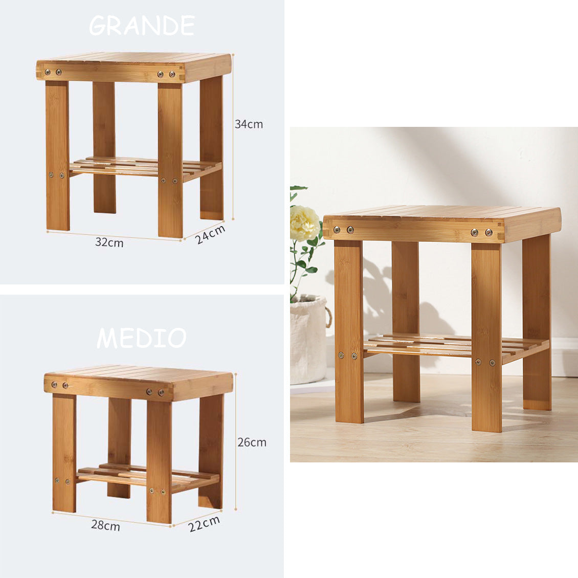 Sgabello Quadrato in Bambù Naturale | Seduta Compatta Multiuso per Casa